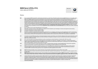 BMW Serie 3 (F30 e F31)
Listino valido dal 01/07/2013
Note:
Piacere di guidare
BMW Group Italia
609 Nuovo navigatore BMW Connected Pro. Visualizzazione informazioni su monitor fisso LCD da 8,8" ad alta risoluzione (1280x480 pixel) con nuova grafica, menù
aggiornati e maggiore velocità di caricamento e spostamento tra le schermate. Include la radio Professional e lo slot CD/DVD in plancia per la riproduzione di
tracce musicali (anche Mp3). Include nuovo sistema iDrive con tasti di scelta rapida, 8 tasti programmabili per le funzioni preferite e Hard-Disk per la
memorizzazione di mappe cartografiche e file musicali (fino a 20 GB per file musicali). E' inoltre compresa una presa USB, presente nel cassetto portaoggetti, che
permette di trasferire, ma non riprodurre, file musicali da una chiavetta USB all'hard-disk della vettura. Non occorre più ordinare DVD cartografico con procedura
ricambi in quanto le mappe sono precaricate sull'Hard-Disk. Tra le nuove funzionalità: visione 3D di alcune città e visione orografica in prospettiva (rilievi montuosi
e valli) in 3D. Consente gestione vocale solo con opt.6NS. Permette di impostare i percorsi anche secondo la modalità "ECO Pro route" che seleziona il tracciato
più idoneo a ridurre i consumi di carburante e fornisce indicazioni anche in considerazione della strada per una guida più efficiente. Integra il manuale di
uso e manutenzione consultabile sul monitor di bordo. Comprende il nuovo controller iDrive con funzionalità touch. Non con 606, solo con 6WA. Include 6AC
(da digitare).
610 Solo con 6WA+521. Non con 3AP. Disponibile solo con Z77 (incluso).
654 Radio DAB+: permette di ascoltare la radio digitale con la qualità di un CD e di decidere a priori la tipologia e il contenuto del programma radio trasmesso.
676 Comprende 9 altoparlanti con potenza massima di 205W
688 Comprende 16 altoparlanti con potenza massima di 600W
6AL Permette di visualizzare sul display della vettura (presente in combinazione con un navigatore o anche solo con la radio professional) i notiziari, le previsioni del
tempo, il motore di ricerca Google e altre funzionalità. Con BMW Live non sono disponibili BMW Assist, BMW Online e BMW TeleServices. La trasmissione dati
avviene attraverso la SIM card del cliente (presente nello smartphone abilitato ai servizi internet). Solo con 6NS o 6NH. Non disponibile con 6AE/6AC/6AK.
6AC Comprende una scheda SIM sempre attiva per chiamate d'emergenza manuali o automatiche in caso d'incidente. Segnala tra l'altro posizione del veicolo, numero
di occupanti, tipologia e severità dell'impatto e provvede nelle situazioni d'emergenza a contattare i soccorsi o le forze dell'ordine tramite la centrale operativa
BMW. Solo con 6AE. Non con 6AL.
6AE Opt. a costo zero, abilita la comunicazione telematica tra vettura, concessionaria e centrale d'assistenza. Vincolato a 6AC o 6AK. Non con 6AL.
6AK Necessario per abilitare ed accedere alle funzionalità aggiuntive ConnectedDrive che supportano i passeggeri con informazioni o intrattenimento durante il
viaggio. Include il portale BMW Online (senza costi aggiuntivi per 3 anni dalla prima immatricolazione della vettura). In combinazione con opt. 609 include BMW
Apps cod.6NR (da digitare, a costo zero). Solo con 6AE. Non con 6AL.
6AM Real Time Traffic Information RTTI fornisce informazioni sul traffico su strade principali e secondarie, ricevendo aggiornamenti in tempo reale e segnalando
eventuali itinerari alternativi. Comprende l'utilizzo gratuito per 3 anni, dopodichè rinnovabile a pagamento. Solo con 6AK e 609.
6AN BMW Concienge Services prevede la possibilità di usufruire di un call center BMW sempre a disposizione per richiedere informazioni su itinerari, esercizi
commerciali, ristoranti, cinema, orari dei voli aerei, hotel, farmacie ecc. Le informazioni ricevute potranno anche essere inviate direttamente al sistema di
navigazione BMW. Comprende l'utilizzo gratuito per 3 anni, dopodichè rinnovabile a pagamento. Solo con 6AK.
6AP BMW Remote Services abilita i servizi in remoto sulla vettura, come ad esempio l'apertura/chiusura porte a distanza. Solo con 6AK.
6AR Abilita la connessione a internet a veicolo fermo senza limiti nel traffico dati. Comprende l'utilizzo gratuito per 1 anno, dopodichè rinnovabile a pagamento. Solo
con 6AK e 609.
6FV BMW Online Entertainment consente l'accesso a oltre 12 milioni di canzoni direttamente dal navigatore BMW Connected Pro. La musica scaricata
viene salvata sul disco fisso del veicolo. Prevede un utilizzo annuale (successivamente prorogabile, a pagamento). Solo con 609 e 6AK, non con 6VA.
6NS Interfaccia Bluetooth per cellulari con funzioni estese e USB. Permette tra le varie funzionalità la riproduzione audio in streaming via bluetooth, l'integrazione
smartphone, l'accesso alle funzioni Office del proprio smartphone (tra cui agenda, calendario, email), la visualizzazione delle foto dei contatti in rubrica, la
possibilità di collegare due telefoni in vivavoce, la visualizzazione delle copertine degli album musicali e la possibilità di accedere alle funzioni plug-in (necessita di
adattatore snap-in da ordinare a magazzino). Abilita funzione Voice Control di ultima generazione per sistemi di navigazione. Alcune funzionalità offerte dipendono
dallo smarphone utilizzato. Per verificare la compatibilità dei diversi cellulari con questa interfaccia Bluetooth vi invitiamo a consultare il sito
www.bmw.com/bluetooth
 