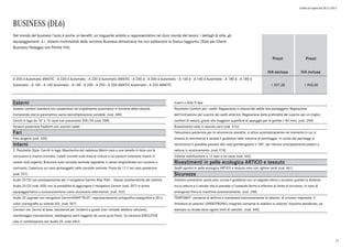 Listino in vigore dal 30/11/2015
BUSINESS (DL6)
Prezzi
IVA esclusa
Prezzi
IVA inclusa
A 200 d Automatic 4MATIC - A 220 d Automatic - A 220 d Automatic 4MATIC - A 200 d - A 200 d Automatic - A 160 d - A 160 d Automatic - A 180 d - A 180 d
Automatic - A 160 - A 160 Automatic - A 180 - A 200 - A 250 - A 250 4MATIC Automatic - A 220 4MATIC 1.557,38 1.900,00
Nel mondo del business l'auto è anche un benefit, un traguardo ambito e rappresentativo nel duro mondo del lavoro. I dettagli di stile, gli
equipaggiamenti e i sistemi multimediali della versione Business dimostrano ma non esibiscono lo Status raggiunto. (Solo per Clienti
Business/Noleggio con Partita IVA).
Esterni
Assetto comfort standard con sospensioni ad irrigidimento automatico in funzione della velocità.
Comprende sterzo parametrico senza demoltiplicazione variabile. (cod. 485)
Cerchi in lega da 16" a 10 razze con pneumatici 205/55 (cod. 55R)
Paraurti posteriore freeform con scarichi celati
Fari
Faro alogeno (cod. 620)
Interni
2. Pacchetto Style: Cerchi in lega; Mascherina del radiatore Matrix nera a una lamella in tinta con la
carrozzeria e inserto cromato; Listelli cromati sulla linea di cintura e sul paraurti anteriore; Inserti in
carbon look argento; Bracciolo sulla consolle centrale regolabile in senso longitudinale con cuciture a
contrasto; Copertura sul vano portaoggetti nella consolle centrale; Presa da 12 V nel vano posteriore
(cod. P27)
Audio 20 CD con predisposizione per il navigatore Garmin Map Pilot: . Stesse caratteristiche del sistema
Audio 20 CD (cod. 505) con la possibilità di aggiungere il navigatore Garmin (cod. 357) in primo
equipaggiamento o successivamente come accessorio aftermarket. (cod. 522)
Audio 20 upgrade con navigatore Garmin®MAP PILOT: rappresentazione cartografica topografica e 3D a
colori (cartografia su scheda SD). (cod. 357)
Connect me. Servizi di base: assistenza per incidenti e guasti (non richiede telefono cellulare),
monitoraggio manutenzione, telediagnosi parti soggette ad usura (p.es freni). Su versione EXECUTIVE
solo in combinazione con Audio 20. (cod. 06U)
Inserti a Nido D'Ape
Pacchetto Comfort per i sedili: Regolazione in altezza del sedile lato passeggero; Regolazione
dell'inclinazione del cuscino dei sedili anteriori; Regolazione della profondità del cuscino per un miglior
comfort di seduta, grazie alla maggiore superficie di appoggio per le gambe (+60 mm). (cod. U59)
Rivestimento cielo in tessuto nero (cod. 51U)
Telecamera posteriore per la retromarcia assistita: si attiva automaticamente nel momento in cui si
innesta la retromarcia e assiste il guidatore nelle manovre di parcheggio. In uscita dai parcheggi in
retromarcia è possibile passare alla vista grandangolare a 180° per rilevare anticipatamente pedoni o
vetture in avvicinamento. (cod. 218)
Volante multifunzione a 12 tasti a tre razze (cod. 442)
Rivestimenti in pelle ecologica ARTICO e tessuto
Sedili sportivi in pelle ecologica ARTICO e tessuto nero con righine verdi (cod. 461)
Sicurezza
Collision prevention assist plus: avvisa il guidatore con un segnale ottico e acustico quando la distanza
tra la vettura e il veicolo che la precede o l'ostacolo fermo è inferiore al limite di sicurezza. In caso di
emergenza frena la macchina autonomamente. (cod. 258)
TEMPOMAT: consente di definire e mantenere autonomamente la velocita' di crociera impostata. Il
limitatore di velocita' (SPEEDTRONIC) integrato consente di stabilire la velocita' massima desiderata, ad
esempio su strade dove vigono limiti di velocita'. (cod. 440)
11
 