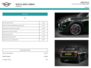 Pagina 7
MINI ITALIA
Listino Prezzi del 1° Marzo 2016
HYPE JCW
ZL5
Bracciolo anteriore (473) € 150
Retrovisori esterni richiudibili elettricamente (313) € 200
Climatizzatore automatico bi-zona (534) € 400
Pacchetto luci interne a LED (563) € 150
MINI Excitement (4V9) € 200
Radio MINI Visual Boost (6FP) € 500
Sospensioni sportive regolabili (223) € 600
JOHN COOPER WORKS
Valore totale optional € 2.200
Prezzo Versione € 1.800
Vantaggio cliente 18%
NUOVA MINI CABRIO.
VERSIONI.
 