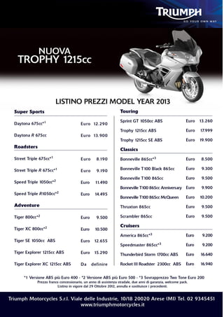 Listino Prezzi Triumph 2013