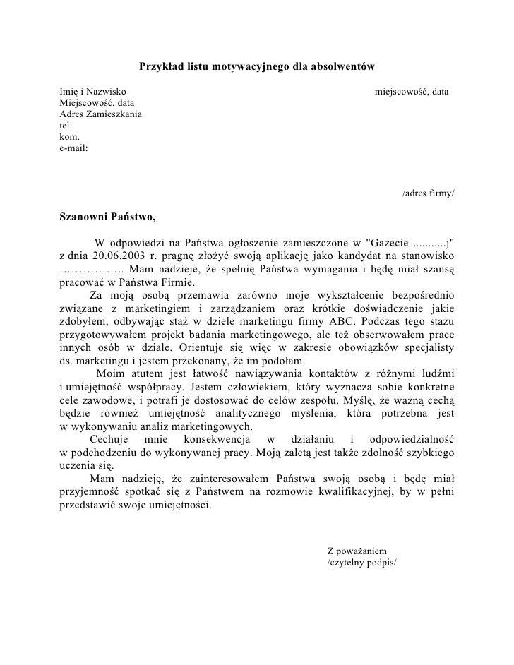 List Motywacyjny Przykład 1