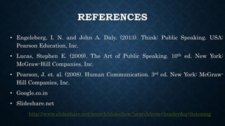 REFERENCES
• Engeleberg, I. N. and John A. Daly. (2013). Think: Public Speaking. USA:
Pearson Education, Inc.
• Lucas, Stephen E. (2009). The Art of Public Speaking. 10th ed. New York:
McGraw-Hill Companies, Inc.
• Pearson, J. et. al. (2008). Human Communication. 3rd ed. New York: McGraw-
Hill Companies, Inc.
• Google.co.in
• Slideshare.net
-http://www.slideshare.net/search/slideshow?searchfrom=header&q=listening
 