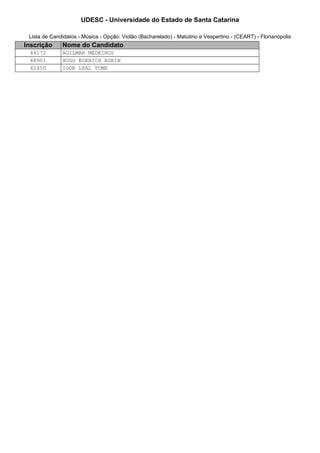 UDESC - Universidade do Estado de Santa Catarina 
Lista de Candidatos - Música - Opção: Violão (Bacharelado) - Matutino e Vespertino - (CEART) - Florianópolis 
Inscrição Nome do Candidato 
46172 AGILMAR MEDEIROS 
48901 HUGO KOERICH BURIN 
42450 IGOR LEAL TOME 
 