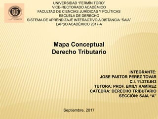 UNIVERSIDAD “FERMÍN TORO”
VICE-RECTORADO ACADÉMICO
FACULTAD DE CIENCIAS JURÍDICAS Y POLÍTICAS
ESCUELA DE DERECHO
SISTEMA DE APRENDIZAJE INTERACTIVO A DISTANCIA “SAIA”
LAPSO ACADÉMICO 2017-A
Mapa Conceptual
Derecho Tributario
INTEGRANTE:
JOSE PASTOR PEREZ TOVAR
C.I. 11.278.643
TUTORA: PROF. EMILY RAMÍREZ
CÁTEDRA: DERECHO TRIBUTARIO
SECCIÓN: SAIA “A”
Septiembre, 2017
 