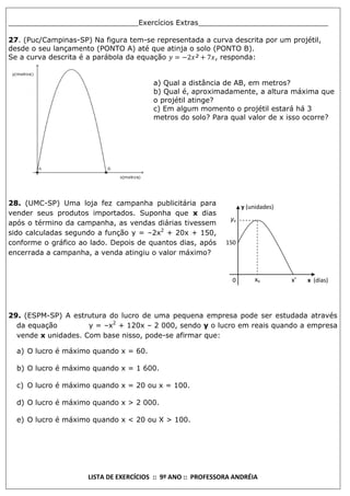 _____________________________Exercícios Extras_____________________________
27. (Puc/Campinas-SP) Na figura tem-se representada a curva descrita por um projétil,
desde o seu lançamento (PONTO A) até que atinja o solo (PONTO B).
Se a curva descrita é a parábola da equação
, responda:
a) Qual a distância de AB, em metros?
b) Qual é, aproximadamente, a altura máxima que
o projétil atinge?
c) Em algum momento o projétil estará há 3
metros do solo? Para qual valor de x isso ocorre?

28. (UMC-SP) Uma loja fez campanha publicitária para
vender seus produtos importados. Suponha que x dias
após o término da campanha, as vendas diárias tivessem
sido calculadas segundo a função y = –2x2 + 20x + 150,
conforme o gráfico ao lado. Depois de quantos dias, após
encerrada a campanha, a venda atingiu o valor máximo?

y (unidades)

yv
150

0

xv

x'

x (dias)

29. (ESPM-SP) A estrutura do lucro de uma pequena empresa pode ser estudada através
da equação
y = –x2 + 120x – 2 000, sendo y o lucro em reais quando a empresa
vende x unidades. Com base nisso, pode-se afirmar que:
a) O lucro é máximo quando x = 60.
b) O lucro é máximo quando x = 1 600.
c) O lucro é máximo quando x = 20 ou x = 100.
d) O lucro é máximo quando x > 2 000.
e) O lucro é máximo quando x < 20 ou X > 100.

LISTA DE EXERCÍCIOS :: 9º ANO :: PROFESSORA ANDRÉIA

 