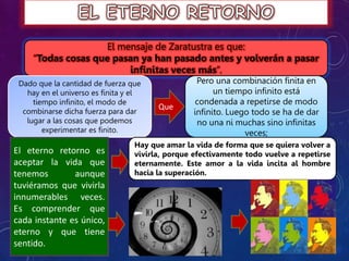 Que
El mensaje de Zaratustra es que:
“Todas cosas que pasan ya han pasado antes y volverán a pasar
infinitas veces más”.
Pero una combinación finita en
un tiempo infinito está
condenada a repetirse de modo
infinito. Luego todo se ha de dar
no una ni muchas sino infinitas
veces;
Dado que la cantidad de fuerza que
hay en el universo es finita y el
tiempo infinito, el modo de
combinarse dicha fuerza para dar
lugar a las cosas que podemos
experimentar es finito.
Hay que amar la vida de forma que se quiera volver a
vivirla, porque efectivamente todo vuelve a repetirse
eternamente. Este amor a la vida incita al hombre
hacia la superación.
El eterno retorno es
aceptar la vida que
tenemos aunque
tuviéramos que vivirla
innumerables veces.
Es comprender que
cada instante es único,
eterno y que tiene
sentido.
 