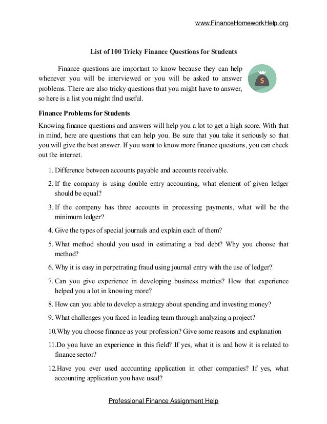 list of 100 tricky finance questions for students finance questions
