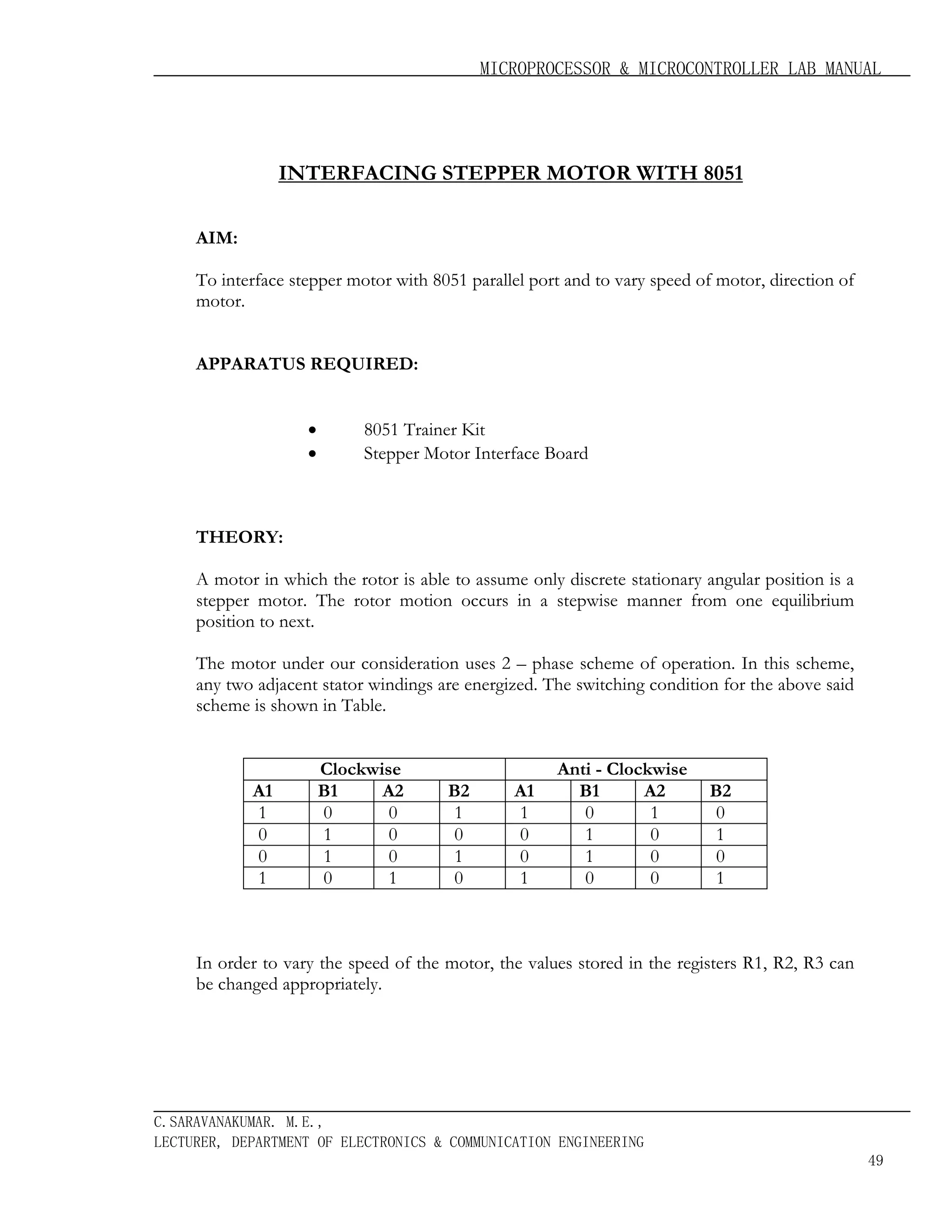 MICROPROCESSOR & MICROCONTROLLER LAB MANUAL

INTERFACING STEPPER MOTOR WITH 8051
AIM:
To interface stepper motor with 8051 parallel port and to vary speed of motor, direction of
motor.
APPARATUS REQUIRED:

•
•

8051 Trainer Kit
Stepper Motor Interface Board

THEORY:
A motor in which the rotor is able to assume only discrete stationary angular position is a
stepper motor. The rotor motion occurs in a stepwise manner from one equilibrium
position to next.
The motor under our consideration uses 2 – phase scheme of operation. In this scheme,
any two adjacent stator windings are energized. The switching condition for the above said
scheme is shown in Table.

A1
1
0
0
1

Clockwise
B1
A2
0
0
1
0
1
0
0
1

B2
1
0
1
0

A1
1
0
0
1

Anti - Clockwise
B1
A2
0
1
1
0
1
0
0
0

B2
0
1
0
1

In order to vary the speed of the motor, the values stored in the registers R1, R2, R3 can
be changed appropriately.

C.SARAVANAKUMAR. M.E.,
LECTURER, DEPARTMENT OF ELECTRONICS & COMMUNICATION ENGINEERING
49

 