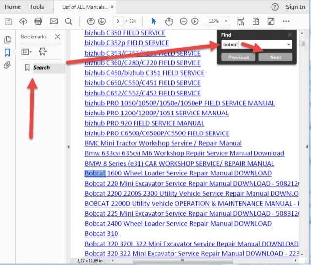 List of all bobcat manuals with search bar (monthly updated download