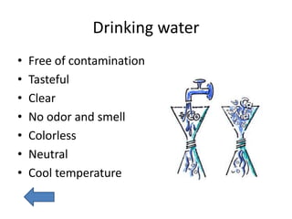 Drinking water
• Free of contamination
• Tasteful
• Clear
• No odor and smell
• Colorless
• Neutral
• Cool temperature
 