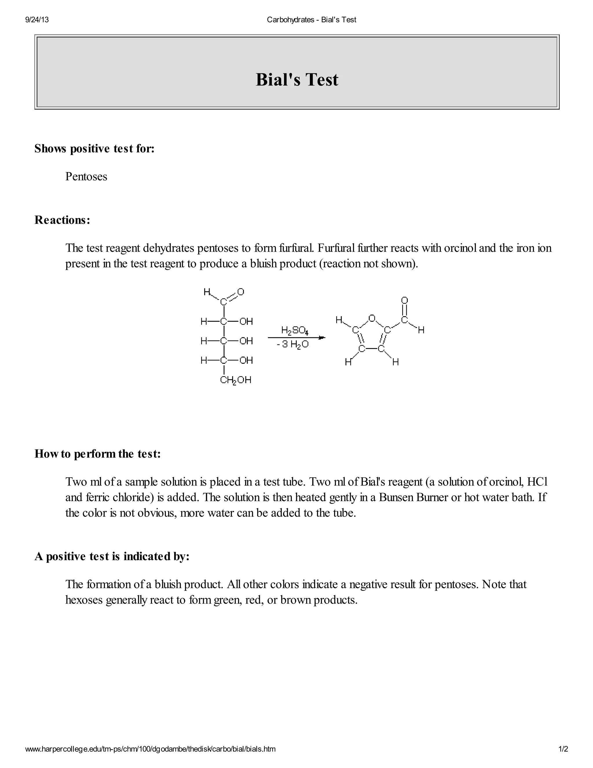 9/24/13 Carbohydrates - Bial's Test 
Bial's Test 
Shows positive test for: 
Pentoses 
Reactions: 
The test reagent dehydrates pentoses to form furfural. Furfural further reacts with orcinol and the iron ion 
present in the test reagent to produce a bluish product (reaction not shown). 
How to perform the test: 
Two ml of a sample solution is placed in a test tube. Two ml of Bial's reagent (a solution of orcinol, HCl 
and ferric chloride) is added. The solution is then heated gently in a Bunsen Burner or hot water bath. If 
the color is not obvious, more water can be added to the tube. 
A positive test is indicated by: 
The formation of a bluish product. All other colors indicate a negative result for pentoses. Note that 
hexoses generally react to form green, red, or brown products. 
www.harpercollege.edu/tm-ps/chm/100/dgodambe/thedisk/carbo/bial/bials.htm 1/2 
 