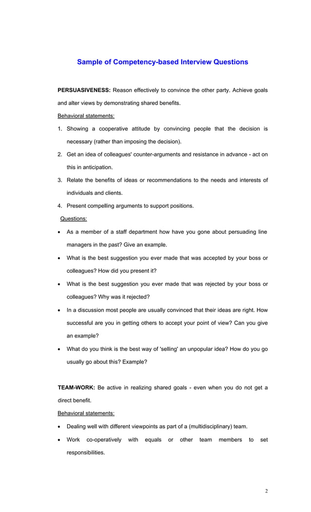 List of competency based interview questions