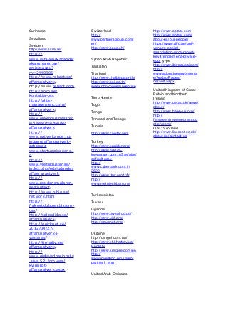 Suriname
Swaziland
Sweden
http://www.svca.se/
http://
www.ostsvenskahandel
skammaren.se/
article.aspx?
m=2440306
http://www.rehact.se/
affarsnatverk/
http://www.rehact.com
http://rom.se/
kontakta-oss
http://alite-
management.com/
affarsnatverk/
http://
www.greenbusinessreg
ion.se/erbjudande/
affarsnatverk
http://
www.natverkande.nu/
ingang/affarsnatverk-
goteborg
www.startuppingpong.i
o
http://
www.vretakluster.se/
index.php/erbjudande/
affaersnaetverk
http://
www.residensmalaren.
se/kontakt/
http://www.bibig.se/
network.html
http://
frukostklubben.biz/om-
oss/
http://splendido.se/
affarsnatverk/
http://quicknet.se/
2012/04/27/
affarsnatverk-i-
vasteras/
http://firmaliv.se/
affarsnatverk/
http://
www.gislavednaringsliv
.se/a.521/om-oss/
kvinnligt-
affarsnatverk.aspx
Switzerland
http://
www.partnersgroup.com/
en/
http://www.seca.ch/
Syrian Arab Republic
Tajikistan
Thailand
http://www.thaibispa.or.th/
http://www.boi.go.th/
index.php?page=incentive
Timor-Leste
Togo
Tonga
Trinidad and Tobago
Tunisia
http://www.cawtar.org/
Turkey
http://www.kagider.org/
http://www.bilisim-
inovasyon.com.tr/Sayfalar/
default.aspx
http://
www.cyberpark.com.tr/
2820
http://www.ttgv.org.tr/tr
http://
www.metutechban.org/
Turkmenistan
Tuvalu
Uganda
http://www.uweal.co.ug/
http://www.uiri.org/
http://wougnet.org/
Ukraine
http://uangel.com.ua/
http://www.kt.kharkov.ua/
English/
http://www.kmcore.com/en
http://
www.investing.org.ua/en/
partner1_eng
United Arab Emirates
http://www.abraaj.com
http://www.abraaj.com/
about-us/our-people/
https://www.difc.ae/gulf-
venture-capital-
association-gvca-report-
key-trends-mena-private-
equi ty-pe
http://www.ibwgdubai.com/
http://
www.adbusinesswomen.a
e/Arabic/Pages/
default.aspx
United Kingdom of Great
Britain and Northern
Ireland
http://www.uel.ac.uk/cewe/
about/
http://www.bawe-uk.org/
http://
femaleentrepreneurassoci
ation.com/
LINC Scotland
http://www.lincscot.co.uk/
about-us/contact-us
 
