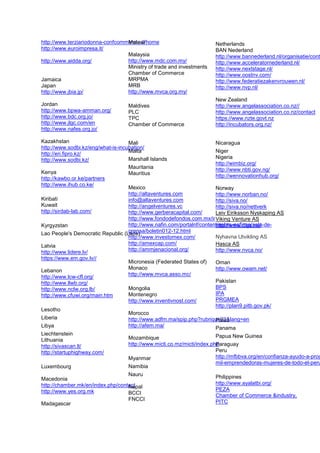 Central African Republic
Chad
Chile
http://
www.startupchile.org/
h"ps://www.larrainvial.com/	
  	
  
h"p://www.aurus.com/
AURUS/Inicio	
  
h"p://www.australcap.com/	
  
China
China Business Angels
Network
info@cban.org.cn
http://
www.harbourvest.com/
http://www.ctp.gov.cn/
english/xhtml/Contact.html
http://
www.technopolicy.net/
index.php/component/
content/article?id=149
http://www.hkstp.org/en-
US/Homepage.aspx
http://www.hkiod.com/
http://www.jnbi.cn/?
point=AboutCenter
http://web.hkvca.com.hk/
en/index.aspx
http://steadview.com/
Colombia
http://
tayronaventures.com/
http://cedecol.net/
http://wayra.co/co
http://
www.velumventures.co
m/
Comoros
Congo
Costa Rica
Côte d'Ivoire
Croatia
http://www.krug.com.hr/
http://
www.varazdinpark.com/
homePage.php
http://cronomar.hr/
Cuba
Cyprus
http://cyban.com.cy
http://www.cyban.com.cy/?
page_id=326
Czech Republic
http://www.hubpraha.cz/
en/
Democratic People's
Republic of Korea (North
Korea)
Democratic Republic of
the Cong
Denmark
Djibouti
http://
www.djiboutinvest.com/
Dominica
Dominican Republic
Ecuador
Egypt
http://
www.cairoangels.com/
http://
nahdetelmahrousa.org/
http://www.misrelkheir.org/
index.html
http://
www.sustaincubator.com/
http://www.shekra.com/en/
http://egypreneur.com/
http://icecairo.com/
http://
www.thegreekcampus.co
m/
http://www.aucegypt.edu/
Business/eip/Pages/
Venture%20Lab.aspx
http://www.ncwegypt.com/
index.php/en/
http://www.ebwa.info/
El Salvador
Equatorial Guinea
Eritrea
Estonia
http://www.estban.ee/
Ethiopia
http://www.iceaddis.com/
Fiji
Finland
http://www.bpw-finland.fi/
en/
http://www.yrittajanaiset.fi/
France
 