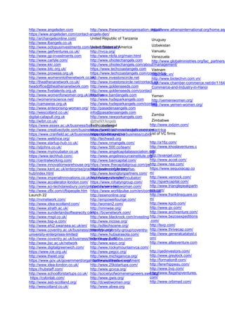 Iran
Iraq
http://www.iraqi-
alamal.org/
Ireland
Propeller Venture
Accelerator
http://
www.goingforgrowth.com/
https://www.iodireland.ie/
http://www.ivca.ie
http://smartstart.ie/
Israel
http://israeliangels.com/
https://
www.angelinvestmentnetw
ork.co.il/
http://www.iva.co.il/
Italy
IBAN,
presidenza@iban.it
d.occhi@bemedia.it
http://www.aifi.it/
http://
www.italianangels.net/
http://
www.donneimpresa.confar
tigianato.it/
http://
www.donnecooperazione.
confcooperative.it/
default.aspx
http://
www.enterprisingirls.com/
http://www.terziariodonna-
confcommercio.it/home
http://www.euroimpresa.it/
http://www.aidda.org/
Jamaica
Japan
http://www.jbia.jp/
http://style-us.jp/
http://techfund.jp/
http://wwj.world/
http://
www.weruinvest.com/
http://incubatefund.com/
contact-2/
http://www.antcapital.jp/
http://www.techv.co.jp/
Jordan
http://www.bpwa-
amman.org/
http://www.bdc.org.jo/
http://www.jlgc.com/en
http://www.nafes.org.jo/
Kazakhstan
http://www.sodbi.kz/eng/
what-is-incubation/
http://en.fipro.kz/
http://www.sodbi.kz/
Kenya
http://kawbo.or.ke/partners
http://www.ihub.co.ke/
Kiribati
Kuwait
http://sirdab-lab.com/
Kyrgyzstan
Lao People's Democratic
Republic (Laos)
Latvia
http://www.lidere.lv/
https://www.em.gov.lv//
Lebanon
http://www.lcw-cfl.org/
http://www.llwb.org/
http://www.nclw.org.lb/
http://www.cfuwi.org/
main.htm
Lesotho
Liberia
Libya
Liechtenstein
Lithuania
http://sivascan.lt/
http://startuphighway.com/
Luxembourg
Macedonia
http://chamber.mk/en/
index.php/contact
http://www.yes.org.mk
Madagascar
Malawi
Malaysia
http://www.mdc.com.my/
Ministry of trade and
investments
Chamber of Commerce
MRPMA
MRB
http://www.mvca.org.my/
http://www.mdv.com.my/
en/
http://www.maybank-
am.com/en_GB
http://
www.mycreative.com.my/
http://www.oskvi.com/
http://www.bpmb.com.my/
Maldives
PLC
TPC
Chamber of Commerce
Mali
Malta
Marshall Islands
Mauritania
Mauritius
Mexico
http://altaventures.com
info@altaventures.com
http://angelventures.vc
http://
www.gerberacapital.com/
http://
www.fondodefondos.com.
mx/index.htm?lang=ZW5n
http://www.nafin.com/
portalnf/content/sobre-
nafinsa/sala-de-prensa/
boletin012-12.html
http://
www.investomex.com/
http://amexcap.com/
http://ammjenacional.org/
Micronesia (Federated
States of)
 