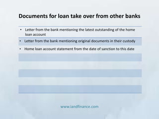 Documents for loan take over from other banks

• Letter from the bank mentioning the latest outstanding of the home
  loan...