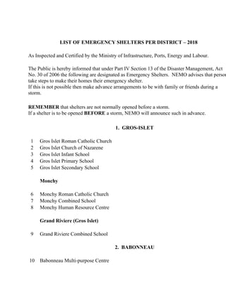LIST OF EMERGENCY SHELTERS PER DISTRICT – 2018
As Inspected and Certified by the Ministry of Infrastructure, Ports, Energy and Labour.
The Public is hereby informed that under Part IV Section 13 of the Disaster Management, Act
No. 30 of 2006 the following are designated as Emergency Shelters. NEMO advises that person
take steps to make their homes their emergency shelter.
If this is not possible then make advance arrangements to be with family or friends during a
storm.
REMEMBER​ that shelters are not normally opened before a storm.
If a shelter is to be opened ​BEFORE​ a storm, NEMO will announce such in advance.
1. GROS-ISLET
1 Gros Islet Roman Catholic Church
2 Gros Islet Church of Nazarene
3 Gros Islet Infant School
4 Gros Islet Primary School
5 Gros Islet Secondary School
Monchy
6 Monchy Roman Catholic Church
7 Monchy Combined School
8 Monchy Human Resource Centre
Grand Riviere (Gros Islet)
9 Grand Riviere Combined School
2. BABONNEAU
10 Babonneau Multi-purpose Centre
 