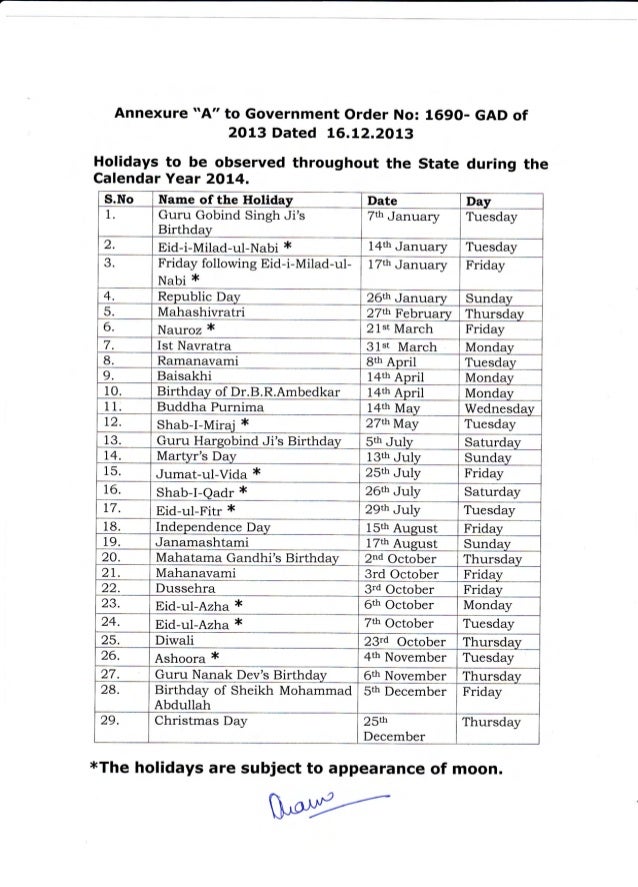 List of holidays for 2014