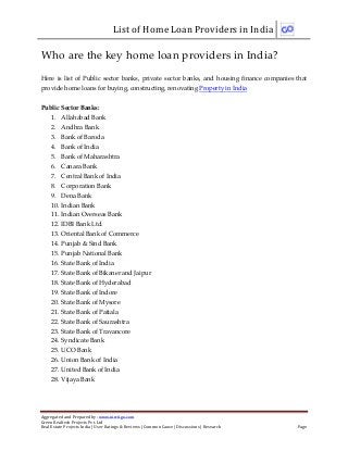 List of Home Loan Providers in India
Aggregated and Prepared by: www.nirrtigo.com
Green Realtech Projects Pvt. Ltd
Real Estate Projects India | User Ratings & Reviews | Common Cause | Discussions | Research Page
Who are the key home loan providers in India?
Here is list of Public sector banks, private sector banks, and housing finance companies that
provide home loans for buying, constructing, renovating Property in India
Public Sector Banks:
1. Allahabad Bank
2. Andhra Bank
3. Bank of Baroda
4. Bank of India
5. Bank of Maharashtra
6. Canara Bank
7. Central Bank of India
8. Corporation Bank
9. Dena Bank
10. Indian Bank
11. Indian Overseas Bank
12. IDBI Bank Ltd.
13. Oriental Bank of Commerce
14. Punjab & Sind Bank
15. Punjab National Bank
16. State Bank of India
17. State Bank of Bikaner and Jaipur
18. State Bank of Hyderabad
19. State Bank of Indore
20. State Bank of Mysore
21. State Bank of Patiala
22. State Bank of Saurashtra
23. State Bank of Travancore
24. Syndicate Bank
25. UCO Bank
26. Union Bank of India
27. United Bank of India
28. Vijaya Bank
 