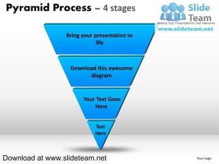Pyramid Process – 4 stages

                 Bring your presentation to
                             life



                  Download this awesome
                        diagram


                       Your Text Goes
                           Here


                            Text
                            Here



Download at www.slideteam.net                 Your Logo
 