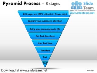 Pyramid Process – 8 stages

             All images are 100% editable in Power point

                 Capture your audience’s attention


                   Bring your presentation to life

                         Put Text Goes here

                           Your Text Here

                              Text Here

                                Text

                                Text


Download at www.slideteam.net                              Your Logo
 