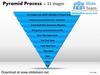 Pyramid Process – 11 stages

               All images are 100% editable in Power point

                 Capture your audience’s attention

                  Download this awesome diagram

                   Bring your presentation to life

                        Your Text Goes here

                            Put Text here

                           Your Text Here

                              Text Here

                                Text

                                Text
                                Text


Download at www.slideteam.net                                Your Logo
 