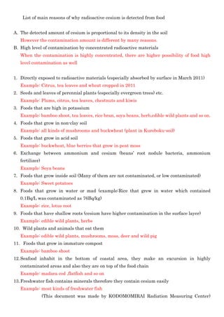 List of main reasons of why radioactive cesium is detected from food
A. The detected amount of cesium is proportional to its density in the soil
However the contamination amount is different by many reasons.
B. High level of contamination by concentrated radioactive materials
When the contamination is highly concentrated, there are higher possibility of food high
level contamination as well
1. Directly exposed to radioactive materials (especially absorbed by surface in March 2011)
Example: Citrus, tea leaves and wheat cropped in 2011
2. Seeds and leaves of perennial plants (especially evergreen trees) etc.
Example: Plums, citrus, tea leaves, chestnuts and kiwis
3. Foods that are high in potassium
Example: bamboo shoot, tea leaves, rice bran, soya beans, herb,edible wild plants and so on.
4. Foods that grow in non-clay soil
Example: all kinds of mushrooms and buckwheat (plant in Kuroboku-soil)
5. Foods that grow in acid soil
Example: buckwheat, blue berries that grow in peat moss
6. Exchange between ammonium and cesium (beans’ root nodule bacteria, ammonium
fertilizer)
Example: Soya beans
7. Foods that grow inside soil (Many of them are not contaminated, or low contaminated)
Example: Sweet potatoes
8. Foods that grow in water or mad (example:Rice that grew in water which contained
0.1Bq/L was contaminated as 76Bq/kg)
Example: rice, lotus root
9. Foods that have shallow roots (cesium have higher contamination in the surface layer)
Example: edible wild plants, herbs
10. Wild plants and animals that eat them
Example: edible wild plants, mushrooms, moss, deer and wild pig
11．Foods that grow in immature compost
Example: bamboo shoot
12.Seafood inhabit in the bottom of coastal area, they make an excursion in highly
contaminated areas and also they are on top of the food chain
Example: madara cod ,flatfish and so on
13.Freshwater fish contains minerals therefore they contain cesium easily
Example: most kinds of freshwater fish
(This document was made by KODOMOMIRAI Radiation Measuring Center)
 