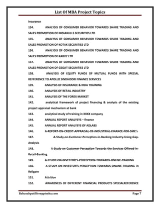 List Of MBA Project Topics
Babasabpatilfreepptmba.com Page 7
Insurance
134. ANALYSIS OF CONSUMER BEHAVIOR TOWARDS SHARE TR...