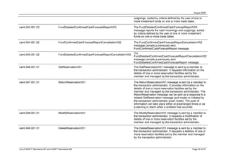 August 2008

                                                                                             outgoings, sorted by criteria defined by the user of one or
                                                                                             more investment funds on one or more trade dates.

camt.043.001.03                     FundDetailedConfirmedCashForecastReportV03               The FundDetailedConfirmedCashForecastReportV03
                                                                                             message reports the cash incomings and outgoings, sorted
                                                                                             by criteria defined by the user of one or more investment
                                                                                             funds on one or more trade dates.

camt.044.001.02                     FundConfirmedCashForecastReportCancellationV02           The FundConfirmedCashForecastReportCancellationV02
                                                                                             message cancels a previously sent
                                                                                             FundConfirmedCashForecastReport message.
                                                                                             The
camt.045.001.02                     FundDetailedConfirmedCashForecastReportCancellationV02
                                                                                             FundDetailedConfirmedCashForecastReportCancellationV02
                                                                                             message cancels a previously sent
                                                                                             FundDetailedConfirmedCashForecastReport message.
camt.046.001.01                     GetReservationV01                                        The GetReservationV01 message is sent by a member to
                                                                                             the transaction administrator. It requests information on the
                                                                                             details of one or more reservation facilities set by the
                                                                                             member and managed by the transaction administrator.

camt.047.001.01                     ReturnReservationV01                                     The ReturnReservationV01 message is sent by a member to
                                                                                             the transaction administrator. It provides information on the
                                                                                             details of one or more reservation facilities set by the
                                                                                             member and managed by the transaction administrator. The
                                                                                             ReturnReservation message can be sent as a response to a
                                                                                             related GetReservation message (pull mode) or initiated by
                                                                                             the transaction administrator (push mode). The push of
                                                                                             information can take place either at prearranged times or as
                                                                                             a warning or alarm when a problem has occurred.

camt.048.001.01                     ModifyReservationV01                                     The ModifyReservationV01 message is sent by a member to
                                                                                             the transaction administrator. It requests a modification of
                                                                                             details of one or more reservation facilities set by the
                                                                                             member and managed by the transaction administrator.

camt.049.001.01                     DeleteReservationV01                                     The DeleteReservationV01 message is sent by a member to
                                                                                             the transaction administrator. It requests a deletion of one or
                                                                                             more reservation facilities set by the member and managed
                                                                                             by the transaction administrator.



List of SWIFT Standards MT and SWIFT Standards MX                                                                                               Page 25 of 47
 