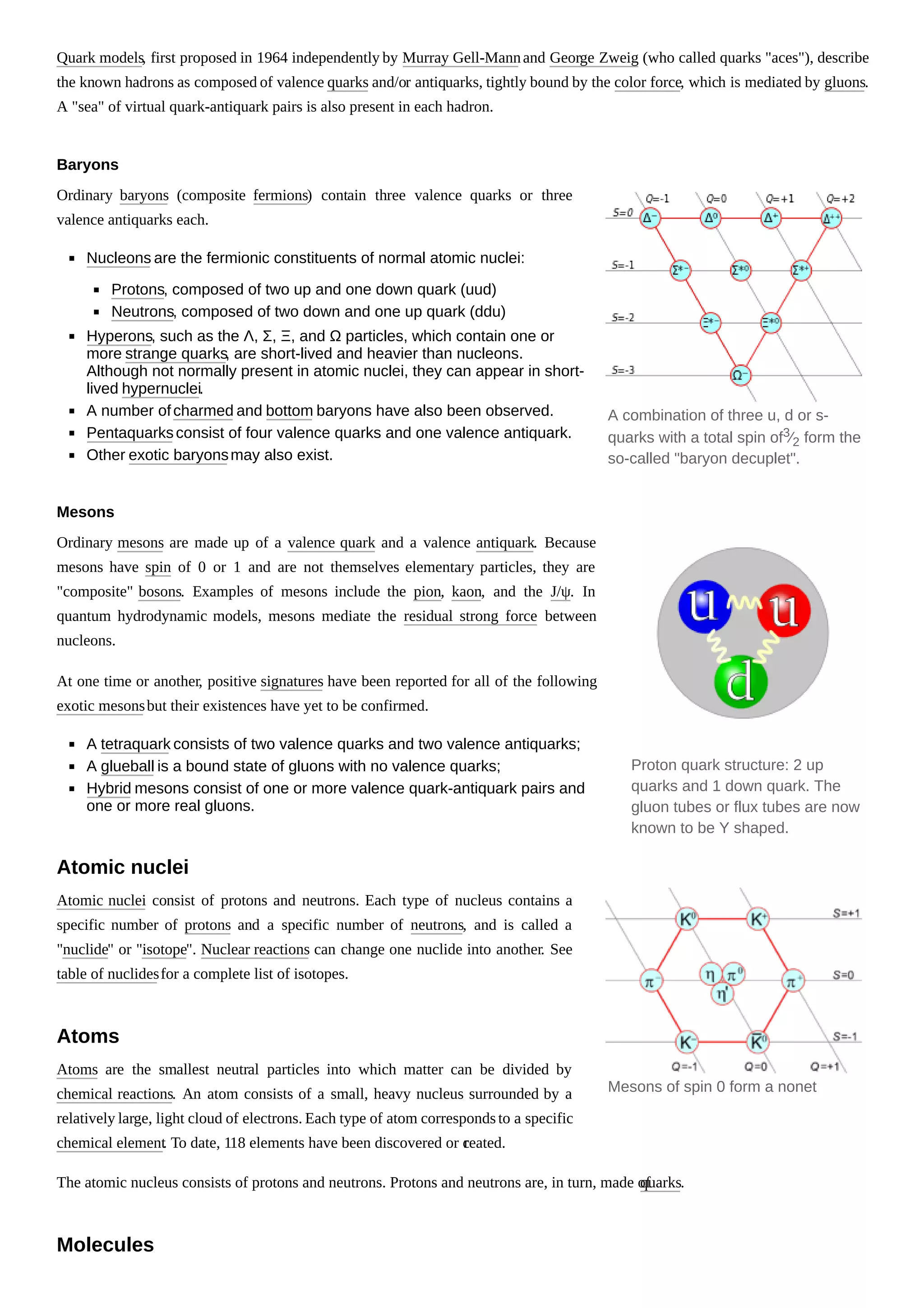 Quark models, first proposed in 1964 independently by Murray Gell-Mannand George Zweig (who called quarks "aces"), describe
the known hadrons as composed of valence quarks and/or antiquarks, tightly bound by the color force, which is mediated by gluons.
A "sea" of virtual quark-antiquark pairs is also present in each hadron.
Ordinary baryons (composite fermions) contain three valence quarks or three
valence antiquarks each.
Nucleons are the fermionic constituents of normal atomic nuclei:
Protons, composed of two up and one down quark (uud)
Neutrons, composed of two down and one up quark (ddu)
Hyperons, such as the Λ, Σ, Ξ, and Ω particles, which contain one or
more strange quarks, are short-lived and heavier than nucleons.
Although not normally present in atomic nuclei, they can appear in short-
lived hypernuclei.
A number ofcharmed and bottom baryons have also been observed.
Pentaquarksconsist of four valence quarks and one valence antiquark.
Other exotic baryonsmay also exist.
Ordinary mesons are made up of a valence quark and a valence antiquark. Because
mesons have spin of 0 or 1 and are not themselves elementary particles, they are
"composite" bosons. Examples of mesons include the pion, kaon, and the J/ψ. In
quantum hydrodynamic models, mesons mediate the residual strong force between
nucleons.
At one time or another, positive signatures have been reported for all of the following
exotic mesonsbut their existences have yet to be confirmed.
A tetraquark consists of two valence quarks and two valence antiquarks;
A glueball is a bound state of gluons with no valence quarks;
Hybrid mesons consist of one or more valence quark-antiquark pairs and
one or more real gluons.
Atomic nuclei consist of protons and neutrons. Each type of nucleus contains a
specific number of protons and a specific number of neutrons, and is called a
"nuclide" or "isotope". Nuclear reactions can change one nuclide into another. See
table of nuclidesfor a complete list of isotopes.
Atoms are the smallest neutral particles into which matter can be divided by
chemical reactions. An atom consists of a small, heavy nucleus surrounded by a
relatively large, light cloud of electrons. Each type of atom correspondsto a specific
chemical element. To date, 118 elements have been discovered or created.
The atomic nucleus consists of protons and neutrons. Protons and neutrons are, in turn, made ofquarks.
Baryons
A combination of three u, d or s-
quarks with a total spin of3⁄2 form the
so-called "baryon decuplet".
Proton quark structure: 2 up
quarks and 1 down quark. The
gluon tubes or flux tubes are now
known to be Y shaped.
Mesons
Mesons of spin 0 form a nonet
Atomic nuclei
Atoms
Molecules
 