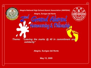 Alegria NationalHighSchoolAlumniAssociation (ANHSAA) Alegria, Surigao del Norte Theme:  “Leaving the marks @ 40 in commitment and                    solidarity”  Alegria, Surigao del Norte May 13, 2009 