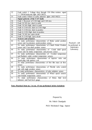 List of practicals to be performed autotronics course | DOCX