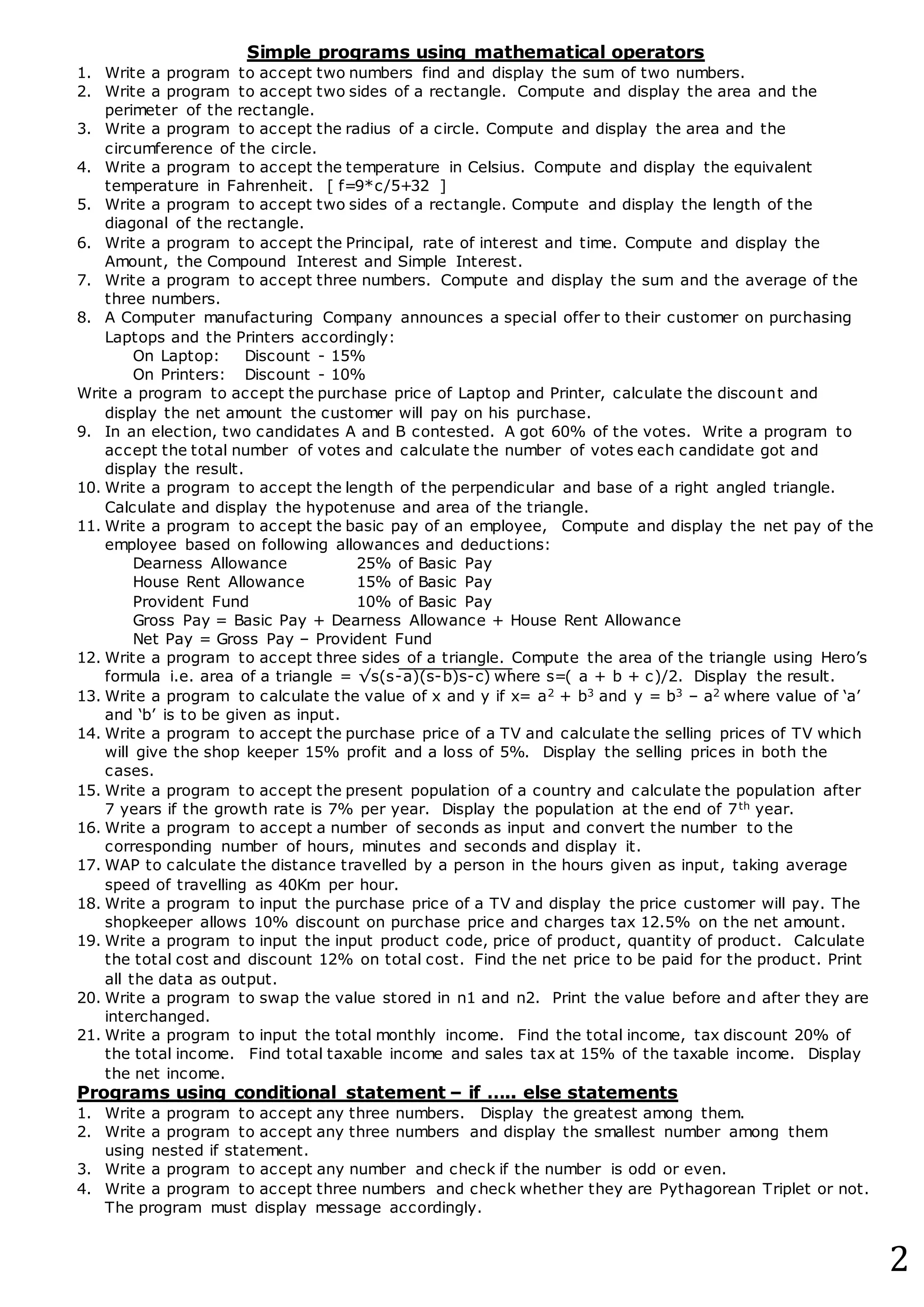 List of programs to practice for ICSE | DOCX