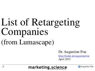 List of Retargeting
Companies
(from Lumascape)
                   Dr. Augustine Fou
                   http://linkd.in/augustinefou
                   April 2013

-1-                                    Augustine Fou
 