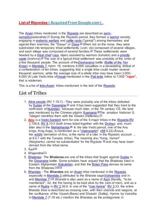 List of Rigvedas ( Acquired From Google.com ) .
The Aryan tribes mentioned in the Rigveda are described as semi-
nomadicpastoralists.[1] During the Rigvedic period, they formed a warrior society,
engaging in endemic warfare and cattle raids ("gaviṣṭi") among themselves and
against their enemies, the "Dasyu" or Dasa.[2] When not on the move, they were
subdivided into temporary tribal settlements (vish, viś) composed of several villages,
and each village was composed of several families.[3] These settlements were
headed by a tribal chief (raja, rājan) assisted by warriors (kshatra) and a priestly
caste (brahma).[4] The size of a typical tribal settlement was probably of the order of
a few thousand people. The account of theDasharajna battle (Battle of the Ten
Kings) in Mandala 7, hymn 18, mentions 6,666 casualties in a devastating defeat of
a confederation of ten tribes, suggesting that a single tribe could muster several
thousand warriors, while the average size of a whole tribe may have been 3,000-
6,000 (A Late Vedic tribe ofVesali mentioned in the Pali texts refers to 7,000 "rajas",
that is noblemen.
This is a list of Indo-Aryan tribes mentioned in the text of the Rigveda:
List of Tribes
1. Alina people (RV 7.18.7) - They were probably one of the tribes defeated
by Sudas at the Dasarajna,[5] and it has been suggested that they lived to the
north-east of Nurestan, because much later, in the 7th century CE, the land
was mentioned by the Chinese pilgrim Xuanzang.[6]The amateur historian S.
Talageri identifies them with the Greeks (Hellenes).[7]
2. Anu is a Vedic Sanskrit term for one of the 5 major tribes in the Rigveda,RV
1.108.8, RV 8.10.5 (both times listed together with the Druhyu) and, much
later also in the Mahabharata.[8] In the late Vedic period, one of the Anu
kings, King Anga, is mentioned as a "chakravartin" (AB 8.22).Ānava,
the vrddhi derivation of Anu, is the name of a ruler in the Rigvedic account ...
at 8.4.1 with the Turvaśa (tribe). The meaning ánu "living, human"
(Naighantu) cannot be substantiated for the Rigveda [9] and may have been
derived from the tribal name.
3. Āyu[10]
4. Bhajeratha[11]
5. Bhalanas- The Bhalanas are one of the tribes that fought against Sudas in
the Dasarajna battle. Some scholars have argued that the Bhalanas lived in
Eastern Afghanistan Kabulistan, and that the Bolan Pass derives its name
from the Bhalanas.[12][13]
6. Bharatas - The Bharatas are an Aryan tribe mentioned in the Rigveda,
especially in Mandala 3 attributed to the Bharata sageVishvamitra and in
and Mandala 7.[14] Bharatá is also used as a name of Agni (literally, "to be
maintained", viz. the fire having to be kept alive by the care of men), and as a
name of Rudra in RV 2.36.8. In one of the "river hymns" RV 3.33, the entire
Bharata tribe is described as crossing over, with their chariots and wagons, at
the confluence of the Vipash (Beas) and Shutudri (Satlej). Hymns by Vasistha
in Mandala 7 (7.18 etc.) mention the Bharatas as the protagonists in
 
