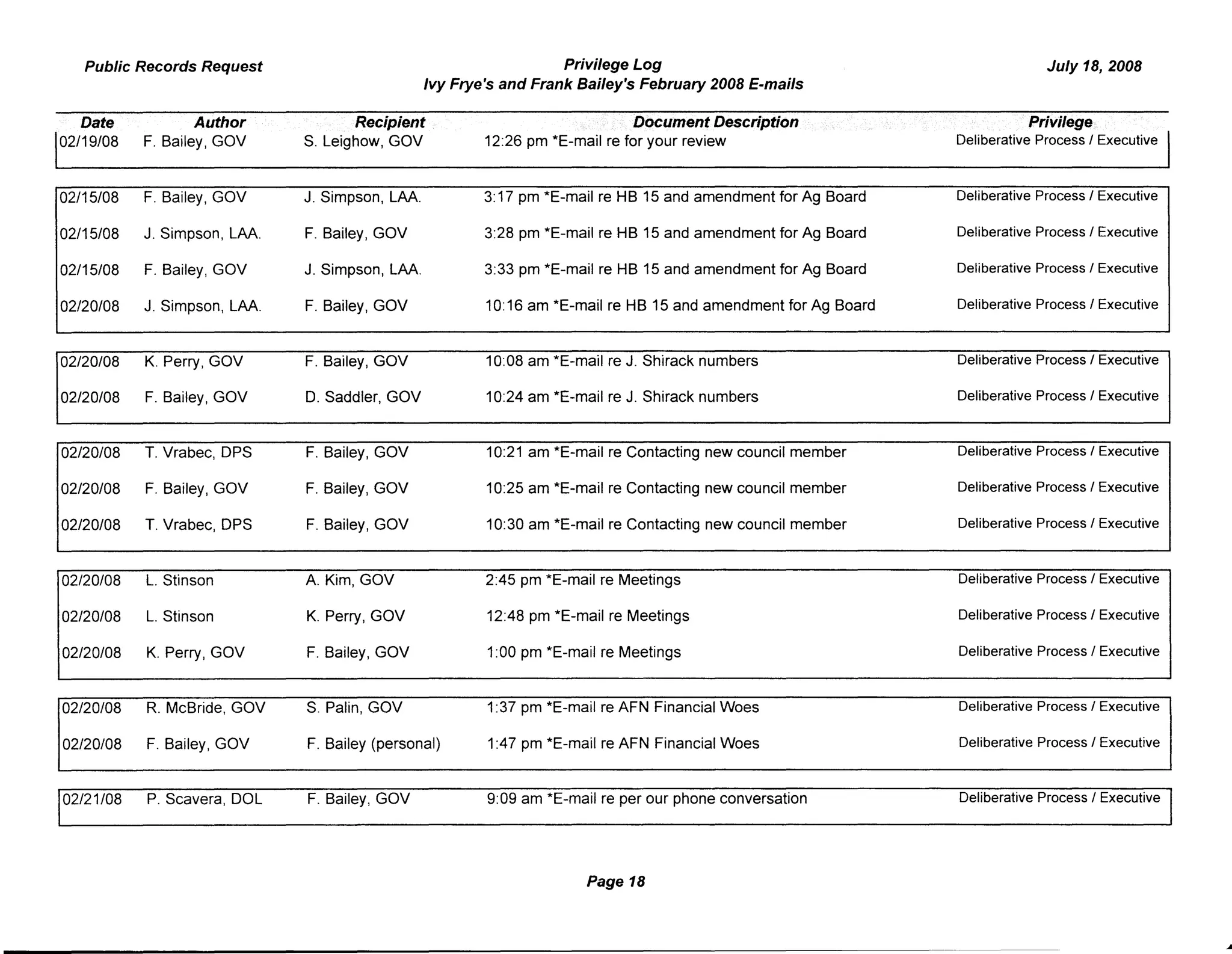 Privilege Log
Ivy Frye's and Frank Bailey's February 2008 E-mails
Public Records Request
Date Author
02/19/08 F. Bailey, GOV
02/15/08 F. Bailey, GOV
02/15/08 J. Simpson, LAA.
02/15/08 F. Bailey, GOV
02/20108 J. Simpson, LAA.
02/20108 K. Perry, GOV
02/20108 F. Bailey, GOV
02/20108 T. Vrabec, DPS
02/20108 F. Bailey, GOV
02/20108 T. Vrabec, DPS
Recipient
S. Leighow, GOV
J. Simpson, LAA.
F. Bailey, GOV
J. Simpson, LAA.
F. Bailey, GOV
F. Bailey, GOV
D. Saddler, GOV
F. Bailey, GOV
F. Bailey, GOV
F. Bailey, GOV
DgcumentDescripffon
12:26 pm *E-mail re for your review
3:17 pm *E-mail re HB 15 and amendment for Ag Board
3:28 pm *E-mail re HB 15 and amendment for Ag Board
3:33 pm *E-mail re HB 15 and amendment for Ag Board
10:16 am *E-mail re HB 15 and amendment for Ag Board
10:08 am *E-mail reJ.Shirack numbers
10:24 am *E-mail reJ.Shirack numbers
10:21 am *E-mail re Contacting new council member
10:25 am *E-mail re Contacting new council member
10:30 am *E-mail re Contacting new council member
July 18, 2008
Privilege
Deliberative Process I Executive
Deliberative Process I Executive
Deliberative Process I Executive
Deliberative Process I Executive
Deliberative Process I Executive
Deliberative Process I Executive
Deliberative Process I Executive
Deliberative Process I Executive
Deliberative Process I Executive
Deliberative Process I Executive
02/20108 L. Stinson A. Kim, GOV
02/20108 L. Stinson K. Perry, GOV
02/20108 K. Perry, GOV F. Bailey, GOV
02/20108 R. McBride, GOV S. Palin, GOV
02/20108 F. Bailey, GOV F. Bailey (personal)
02/21/08 P. Scavera, DOL F. Bailey, GOV
2:45 pm *E-mail re Meetings
12:48 pm *E-mail re Meetings
1:00 pm *E-mail re Meetings
1:37 pm *E-mail re AFN Financial Woes
1:47 pm *E-mail re AFN Financial Woes
9:09 am *E-mail re per our phone conversation
Page 18
Deliberative Process I Executive
Deliberative Process I Executive
Deliberative Process I Executive
Deliberative Process I Executive
Deliberative Process I Executive
Deliberative Process I Executive
 