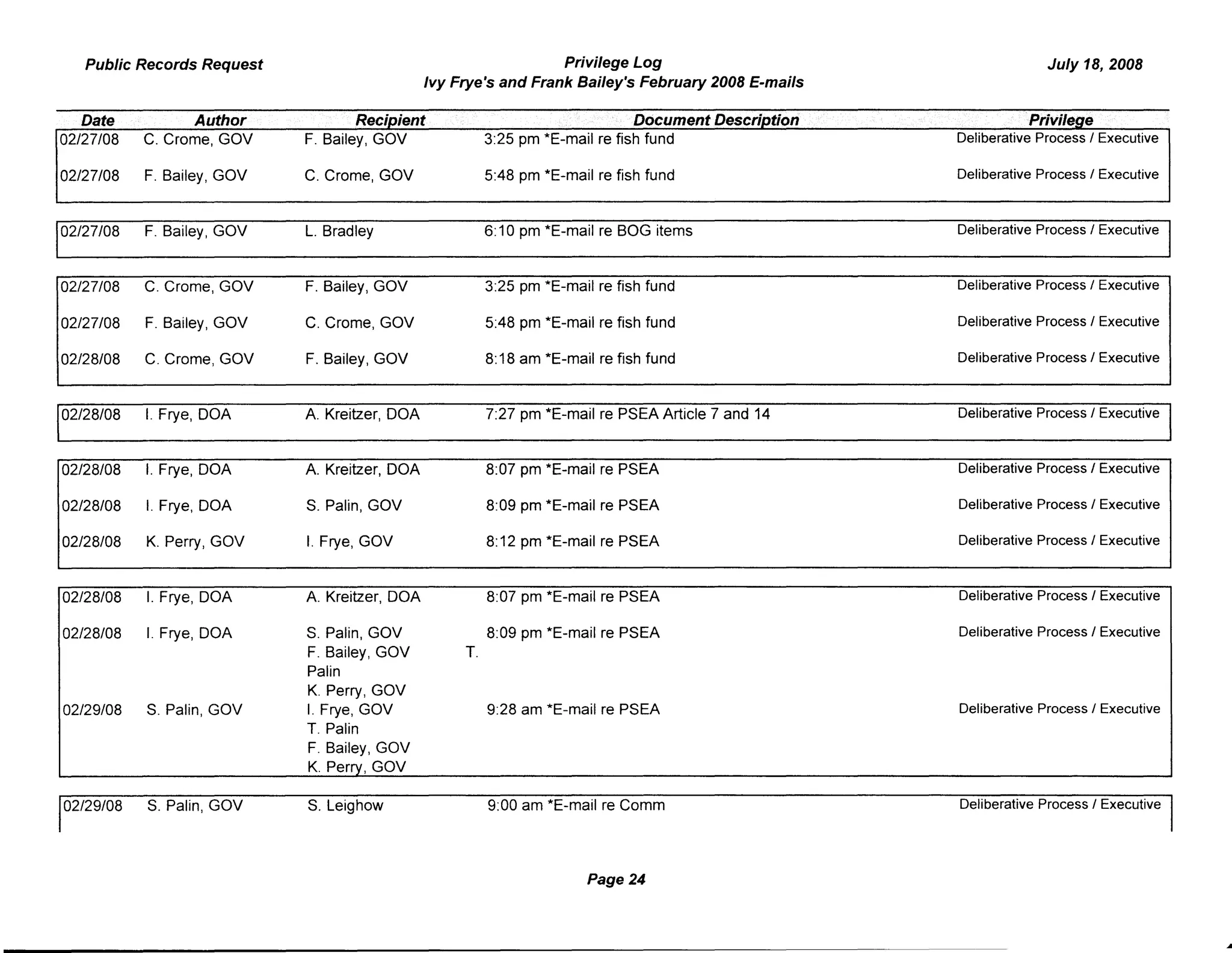 Public Records Request Privilege Log July 18, 2008
Ivy Frye's and Frank Bailey's February 2008 E-mails
Date Author Recipient Document DescriDtion Privileae
02/27/08 C. Crome, GOV F. Bailey, GOV 3:25 pm *E-mail re fish fund Deliberative Process / Executive
02/27/08 F. Bailey, GOV C. Crome, GOV 5:48 pm *E-mail re fish fund Deliberative Process I Executive
02/27/08 F. Bailey, GOV L. Bradley 6: 10 pm *E-mail re BOG items Deliberative Process / Executive
02/27/08 C. Creme, GOV F. BaileyI GOV 3:25 pm *E-mail re fish fund Deliberative Process I Executive
02/27/08 F. Bailey, GOV C. Creme, GOV 5:48 pm *E-mail re fish fund Deliberative Process / Executive
02/28/08 C. Creme, GOV F. Bailey, GOV 8:18 am *E-mail re fish fund Deliberative Process / Executive
02/28/08 I. Frye, DOA A. Kreitzer, DOA 7:27 pm *E-mail re PSEA Article 7 and 14 Deliberative Process / Executive
02/28/08 I. Frye, DOA A. Kreitzer, DOA 8:07 pm *E-mail re PSEA Deliberative Process / Executive
02/28/08 I. Frye, DOA S. Palin, GOV 8:09 pm *E-mail re PSEA Deliberative Process / Executive
02/28/08 K. Perry, GOV I. Frye, GOV 8:12 pm *E-mail re PSEA Deliberative Process / Executive
02/28/08 I. Frye, DOA A. Kreitzer, DOA 8:07 pm *E-mail re PSEA Deliberative Process / Executive
02/28/08 I. Frye, DOA S. Palin, GOV 8:09 pm *E-mail re PSEA Deliberative Process / Executive
F. Bailey, GOV T.
Palin
K. Perry, GOV
02/29/08 S. Palin, GOV I. Frye, GOV 9:28 am *E-mail re PSEA Deliberative Process I Executive
T. Palin
F. Bailey, GOV
K. Perry, GOV
02/29/08 S. Palin, GOV S. Leighow 9:00 am *E-mail re Comm Deliberative Process / Executive
Page 24
 