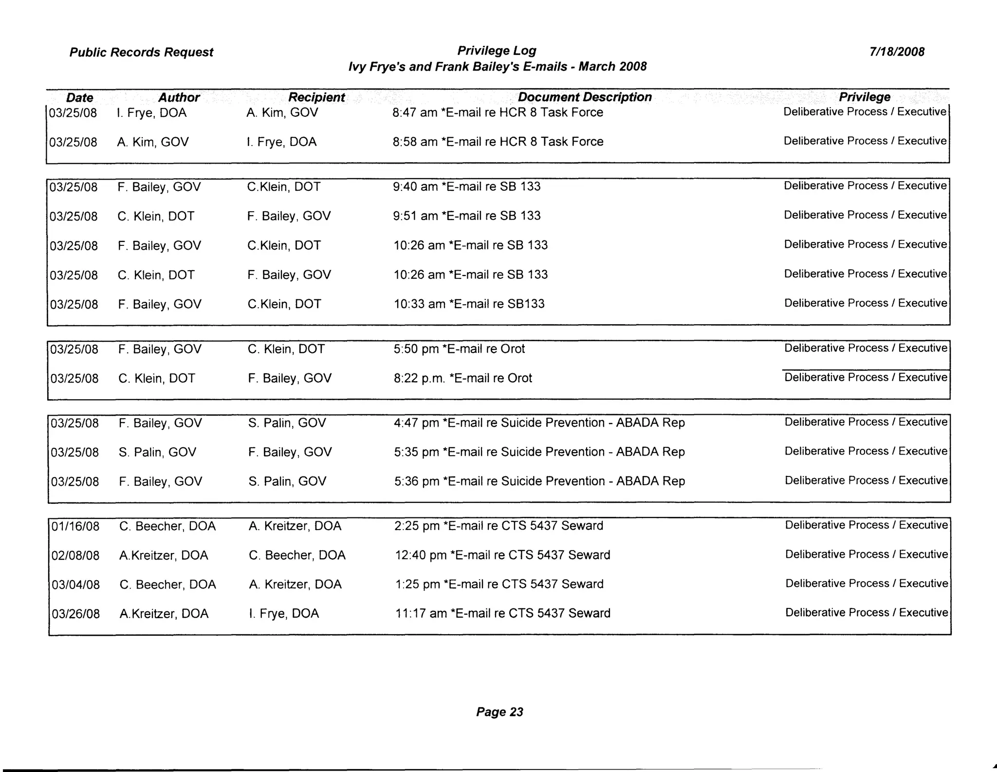 Public Records Request Privilege Log 7/18/2008
Ivy Frye's and Frank Bailey's E-mails - March 2008
Date Author Recipient D"cumentDescription Privilege
03/25/08 I. Frye, DOA A. Kim, GOV 8:47 am *E-mail re HCR 8 Task Force Deliberative Process I Executive
03/25/08 A. Kim, GOV I. Frye, DOA 8:58 am *E-mail re HCR 8 Task Force Deliberative Process I Executive
03/25/08 F. Bailey, GOV C.Klein, DOT 9:40 am *E-mail re SB 133 Deliberative Process I Executive
03/25/08 C. Klein, DOT F. Bailey, GOV 9:51 am *E-mail re SB 133 Deliberative Process I Executive
03/25/08 F. Bailey, GOV C.Klein, DOT 10:26 am *E-mail re SB 133 Deliberative Process I Executive
03/25/08 C. Klein, DOT F. Bailey, GOV 10:26 am *E-mail re SB 133 Deliberative Process I Executive
03/25/08 F. Bailey, GOV C.Klein, DOT 10:33 am *E-mail re SB133 Deliberative Process I Executive
03/25/08 F. Bailey, GOV C. Klein, DOT 5:50 pm *E-mail re Orot Deliberative Process I Executive
03/25/08 C. Klein, DOT F. Bailey, GOV 8:22 p.m. *E-mail re Orot Deliberative Process I Executive
03/25/08 F. Bailey, GOV S. Palin, GOV 4:47 pm *E-mail re Suicide Prevention - ABADA Rep Deliberative Process I Executive
03/25/08 S. Palin, GOV F. Bailey, GOV 5:35 pm *E-mail re Suicide Prevention - ABADA Rep Deliberative Process I Executive
03/25/08 F. Bailey, GOV S. Palin, GOV 5:36 pm *E-mail re Suicide Prevention - ABADA Rep Deliberative Process I Executive
01/16/08 C. Beecher, DOA A. Kreitzer, DOA 2:25 pm *E-mail re CTS 5437 Seward Deliberative Process I Executive
02/08/08 A.Kreitzer, DOA C. Beecher, DOA 12:40 pm *E-mail re CTS 5437 Seward Deliberative Process I Executive
03/04/08 C. Beecher, DOA A. Kreitzer, DOA 1:25 pm *E-mail re CTS 5437 Seward Deliberative Process I Executive
03/26/08 A.Kreitzer, DOA I. Frye, DOA 11:17 am *E-mail re CTS 5437 Seward Deliberative Process I Executive
Page 23
 