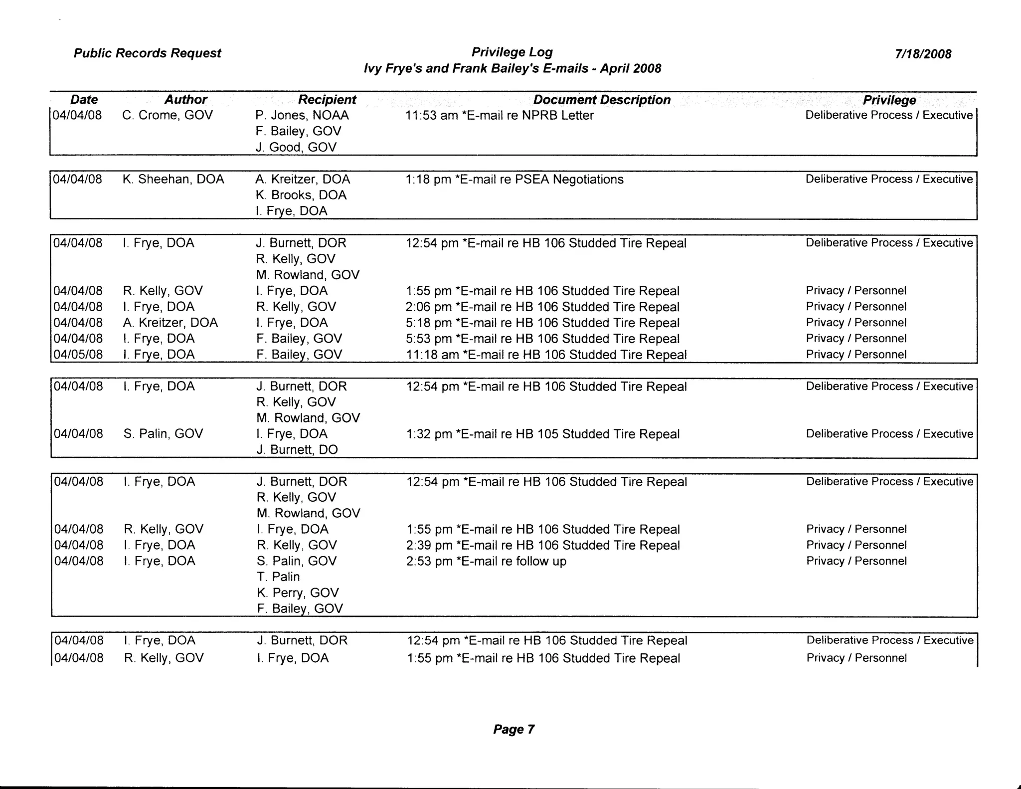 Public Records Request Privilege Log 7/18/2008
Ivy Frye's and Frank Bailey's E-mails - April 2008
Date Author Recipient Document Description Privilege
04/04/08 C. Crome, GOV P. Jones, NOAA 11:53 am *E-mail re NPRB Letter Deliberative Process / Executive
F. Bailey, GOV
J. Good, GOV
04/04/08 K. Sheehan, DOA A. Kreitzer, DOA 1:18 pm *E-mail re PSEA Negotiations Deliberative Process / Executive
K. Brooks, DOA
I. Frye, DOA
04/04/08 I. Frye, DOA J. Burnett, DOR 12:54 pm *E-mail re HB 106 Studded Tire Repeal Deliberative Process / Executive
R. Kelly, GOV
M. Rowland, GOV
04/04/08 R. Kelly, GOV I. Frye, DOA 1:55 pm *E-mail re HB 106 Studded Tire Repeal Privacy / Personnel
04/04/08 I. Frye, DOA R. Kelly, GOV 2:06 pm *E-mail re HB 106 Studded Tire Repeal Privacy / Personnel
04/04/08 A. Kreitzer, DOA I. Frye, DOA 5:18 pm *E-mail re HB 106 Studded Tire Repeal Privacy / Personnel
04/04/08 I. Frye, DOA F. Bailey, GOV 5:53 pm *E-mail re HB 106 Studded Tire Repeal Privacy / Personnel
04/05/08 I. Frye, DOA F. Bailey, GOV 11:18 am *E-mail re HB 106 Studded Tire Repeal Privacy / Personnel
04/04/08 I. Frye, DOA J. Burnett, DOR 12:54 pm *E-mail re HB 106 Studded Tire Repeal Deliberative Process / Executive
R. Kelly, GOV
M. Rowland, GOV
04/04/08 S. Palin, GOV I. Frye, DOA 1:32 pm *E-mail re HB 105 Studded Tire Repeal Deliberative Process / Executive
J. Burnett, DO
04/04/08 I. Frye, DOA J. Burnett, DOR 12:54 pm *E-mail re HB 106 Studded Tire Repeal Deliberative Process / Executive
R. Kelly, GOV
M. Rowland, GOV
04/04/08 R. Kelly, GOV I. Frye, DOA 1:55 pm *E-mail re HB 106 Studded Tire Repeal Privacy / Personnel
04/04/08 I. Frye, DOA R. Kelly, GOV 2:39 pm *E-mail re HB 106 Studded Tire Repeal Privacy / Personnel
04/04/08 I. Frye, DOA S. Palin, GOV 2:53 pm *E-mail re follow up Privacy / Personnel
T. Palin
K. Perry, GOV
F. Bailey, GOV
04/04/08 I. Frye, DOA J. Burnett, DOR 12:54 pm *E-mail re HB 106 Studded Tire Repeal Deliberative Process / Executive
04/04/08 R. Kelly, GOV I. Frye, DOA 1:55 pm *E-mail re HB 106 Studded Tire Repeal Privacy / Personnel
Page 7
...
 