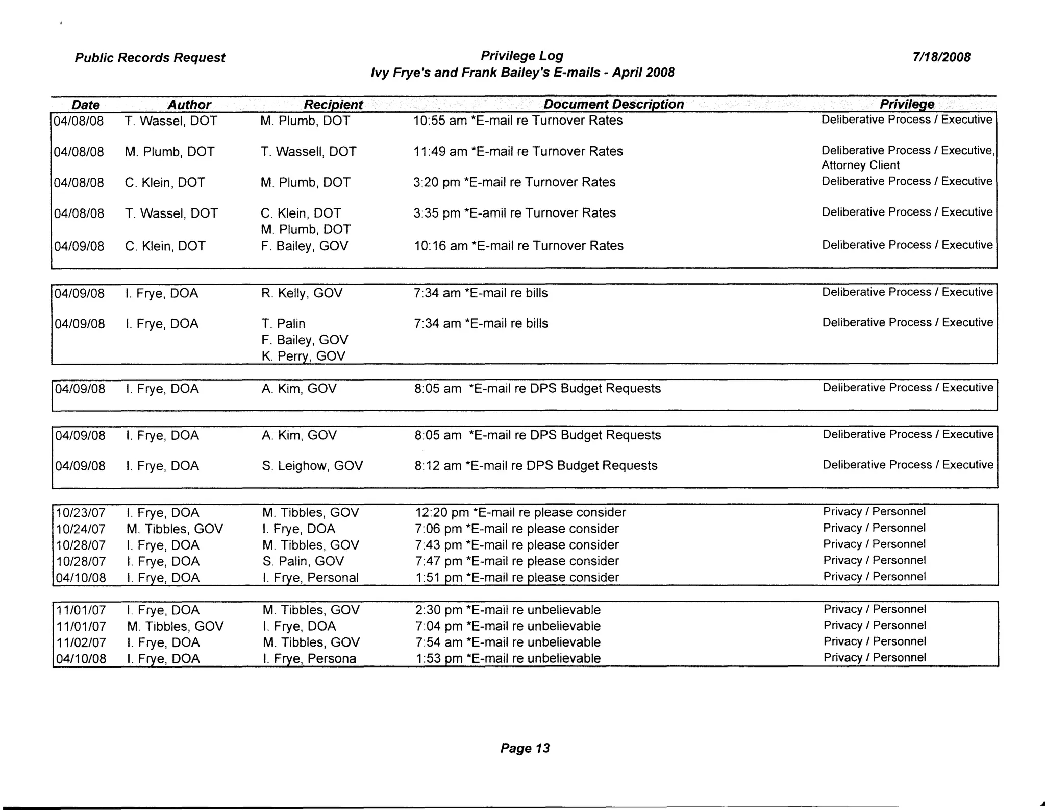 Public Records Request Privilege Log 7/18/2008
Ivy Frye's and Frank Bailey's E-mails - April 2008
Date Author Recipient Document.Description Privileae
04/08/08 T. Wassel, DOT M. Plumb, DOT 10:55 am *E-mail re Turnover Rates Deliberative Process / Executive
04/08/08 M. Plumb, DOT T. Wassell, DOT 11:49 am *E-mail re Turnover Rates Deliberative Process / Executive,
Attorney Client
04/08108 C. Klein, DOT M. Plumb, DOT 3:20 pm *E-mail re Turnover Rates Deliberative Process / Executive
04/08/08 T. Wassel, DOT C. Klein, DOT 3:35 pm *E-amil re Turnover Rates Deliberative Process / Executive
M. Plumb, DOT
04/09/08 C. Klein, DOT F. Bailey, GOV 10:16 am *E-mail re Turnover Rates Deliberative Process / Executive
04/09/08 I. Frye, DOA R. Kelly, GOV 7:34 am *E-mail re bills Deliberative Process / Executive
04/09/08 I. Frye, DOA T. Palin 7:34 am *E-mail re bills Deliberative Process / Executive
F. Bailey, GOV
K. Perry, GOV
04/09/08 I. Frye, DOA A. Kim, GOV 8:05 am *E-mail re DPS Budget Requests Deliberative Process / Executive
04/09/08 I. Frye, DOA A. Kim, GOV 8:05 am *E-mail re DPS Budget Requests Deliberative Process / Executive
04/09/08 I. Frye, DOA S. Leighow, GOV 8:12 am *E-mail re DPS Budget Requests Deliberative Process / Executive
10/23/07 I. Frye, DOA M. Tibbles, GOV 12:20 pm *E-mail re please consider Privacy / Personnel
10/24/07 M. Tibbles, GOV I. Frye, DOA 7:06 pm *E-mail re please consider Privacy / Personnel
10/28/07 I. Frye, DOA M. Tibbles, GOV 7:43 pm *E-mail re please consider Privacy / Personnel
10/28/07 I. Frye, DOA S. Palin, GOV 7:47 pm *E-mail re please consider Privacy / Personnel
04/10/08 I. Frye, DOA I. Frye, Personal 1:51 ern *E-mail re please consider Privacy / Personnel
11/01107 I. Frye, DOA M. Tibbles, GOV 2:30 pm *E-mail re unbelievable Privacy / Personnel
11/01/07 M. Tibbles, GOV I. Frye, DOA 7:04 pm *E-mail re unbelievable Privacy / Personnel
11/02/07 I. Frye, DOA M. Tibbles, GOV 7:54 am *E-mail re unbelievable Privacy / Personnel
04/10/08 I. Frye, DOA I. Frye, Persona 1:53 om *E-mail re unbelievable Privacy / Personnel
Page 13
 