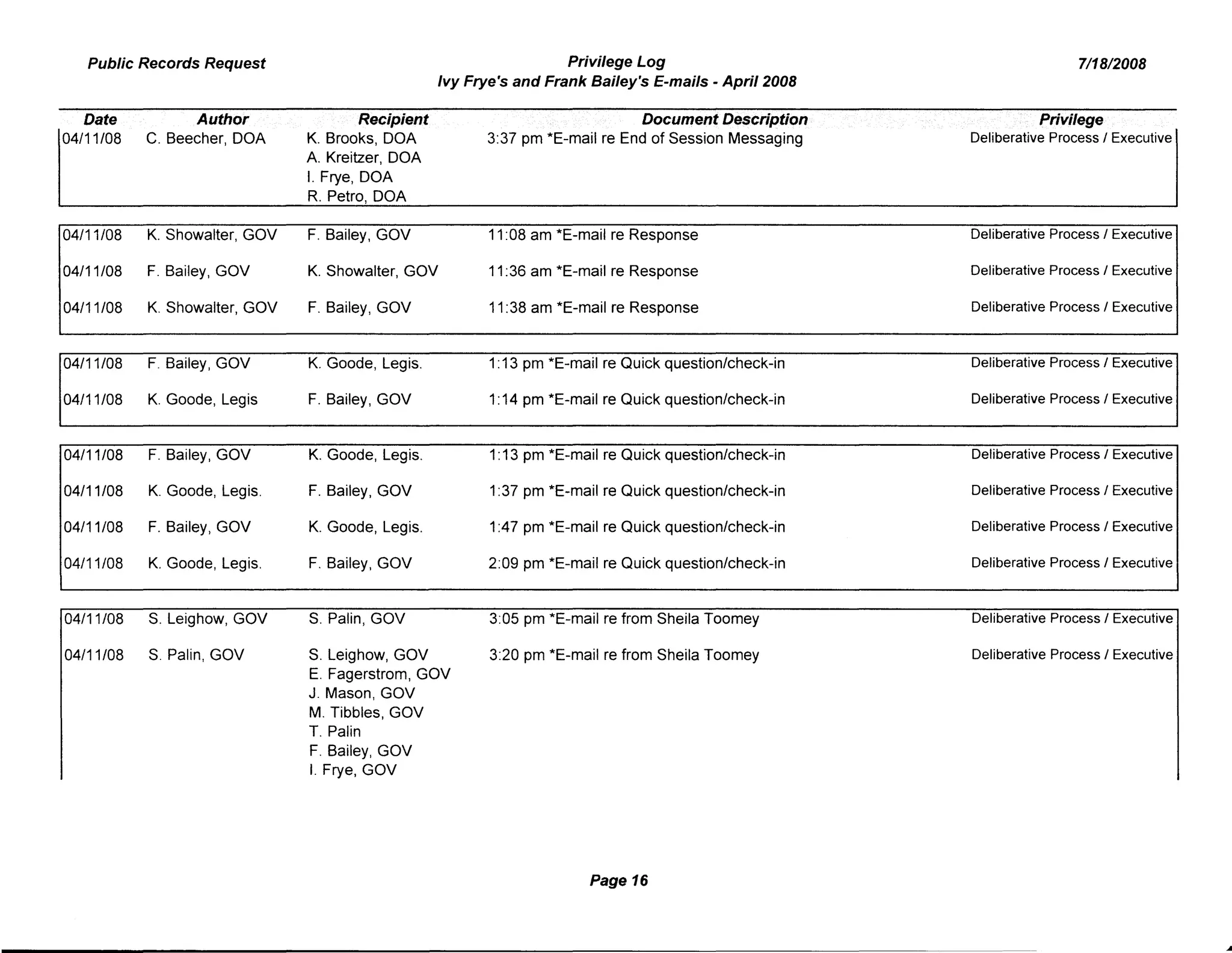 Public Records Request Privilege Log
Ivy Frye's and Frank Bailey's E-mails - April 2008
7/18/2008
Date
04/11/08
04/11/08
04/11/08
04/11/08
Author
C. Beecher, DOA
K. Showalter, GOV
F. Bailey, GOV
K. Showalter, GOV
Recipient
K. Brooks, DOA
A. Kreitzer, DOA
I. Frye, DOA
R. Petro, DOA
F. Bailey, GOV
K. Showalter, GOV
F. Bailey, GOV
Document Description
3:37 pm *E-mail re End of Session Messaging
11:08 am *E-mail re Response
11:36 am *E-mail re Response
11:38 am *E-mail re Response
frivilege
Deliberative Process / Executive
Deliberative Process / Executive
Deliberative Process / Executive
Deliberative Process / Executive
04/11/08 F. Bailey, GOV
04/11/08 K. Goode, Legis
04/11/08 F. Bailey, GOV
04/11/08 K. Goode, Legis.
04/11/08 F. Bailey, GOV
04/11/08 K. Goode, Legis.
04/11/08 S. Leighow, GOV
04/11/08 S. Palin, GOV
K. Goode, Legis.
F. Bailey, GOV
K. Goode, Legis.
F. Bailey, GOV
K. Goode, Legis.
F. Bailey, GOV
S. Palin, GOV
S. Leighow, GOV
E. Fagerstrom, GOV
J. Mason, GOV
M. Tibbles, GOV
T. Palin
F. Bailey, GOV
I. Frye, GOV
1:13 pm *E-mail re Quick question/check-in
1:14 pm *E-mail re Quick question/check-in
1:13 pm *E-mail re Quick question/check-in
1:37 pm *E-mail re Quick question/check-in
1:47 pm *E-mail re Quick question/check-in
2:09 pm *E-mail re Quick question/check-in
3:05 pm *E-mail re from Sheila Toomey
3:20 pm *E-mail re from Sheila Toomey
Page 16
Deliberative Process / Executive
Deliberative Process / Executive
Deliberative Process / Executive
Deliberative Process / Executive
Deliberative Process / Executive
Deliberative Process / Executive
Deliberative Process / Executive
Deliberative Process / Executive
 
