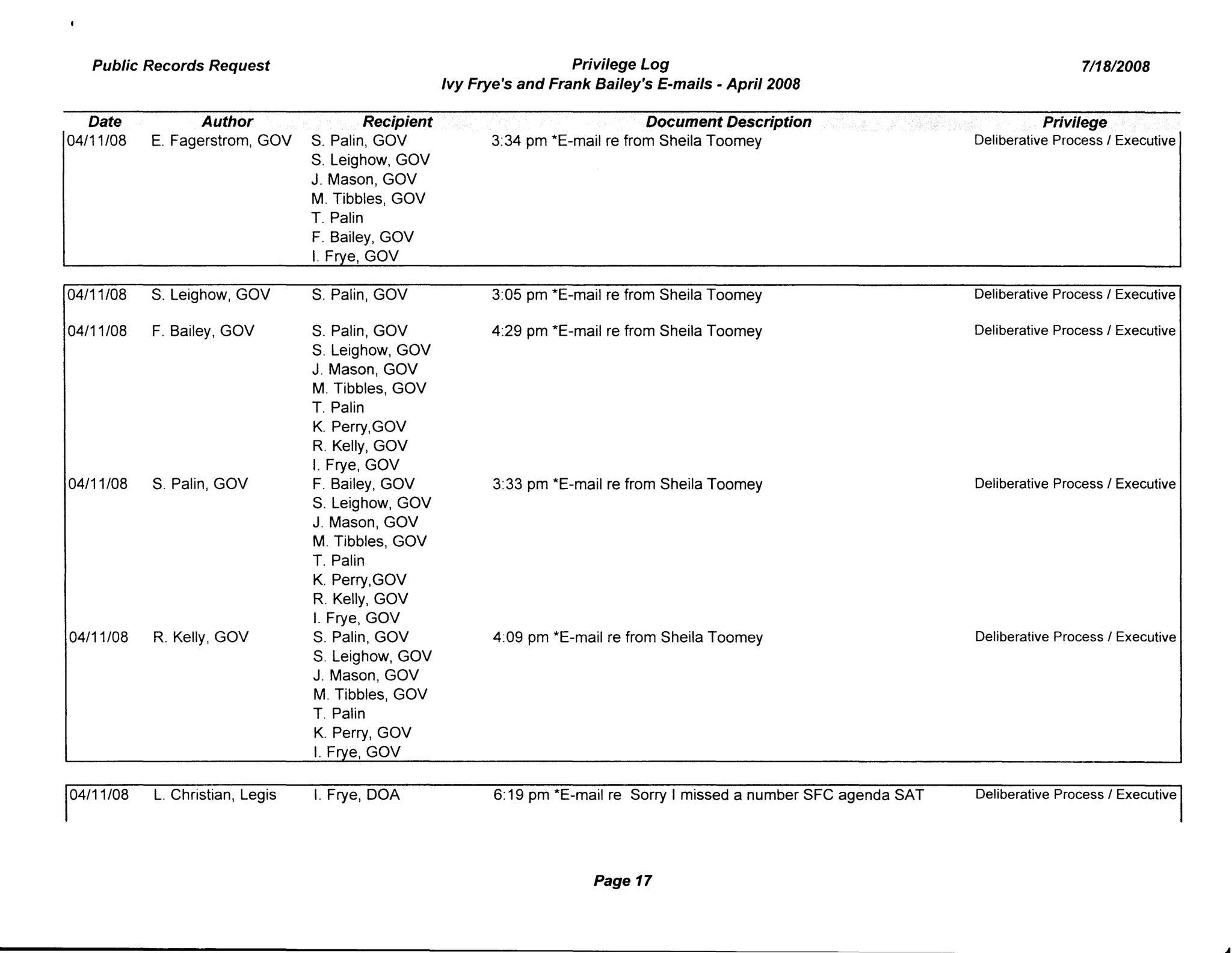 Public Records Request Privilege Log 7/18/2008
Ivy Frye's and Frank Bailey's E-mails - April 2008
Date Author Recipient Document Description Privilege
04111/08 E. Fagerstrom, GOV S. Palin, GOV 3:34 pm *E-mail re from Sheila Toomey Deliberative Process 1Executive
S. Leighow, GOV
J. Mason, GOV
M. Tibbles, GOV
T. Palin
F. Bailey, GOV
I. F e,GOV
04/11/08 S. Leighow, GOV S. Palin, GOV 3:05 pm *E-mail re from Sheila Toomey Deliberative Process 1Executive
04/11/08 F. Bailey, GOV S. Palin, GOV 4:29 pm *E-mail re from Sheila Toomey Deliberative Process 1Executive
S. Leighow, GOV
J. Mason, GOV
M. Tibbles, GOV
T. Palin
K. Perry,GOV
R. Kelly, GOV
I. Frye, GOV
04/11/08 S. Palin, GOV F. Bailey, GOV 3:33 pm *E-mail re from Sheila Toomey Deliberative Process 1Executive
S. Leighow, GOV
J. Mason, GOV
M. Tibbles, GOV
T. Palin
K. Perry,GOV
R. Kelly, GOV
I. Frye, GOV
04/11/08 R. Kelly, GOV S. Palin, GOV 4:09 pm *E-mail re from Sheila Toomey Deliberative Process 1Executive
S. Leighow, GOV
J. Mason, GOV
M. Tibbles, GOV
T. Palin
K. Perry, GOV
I. Frye, GOV
04/11/08 L. Christian, Legis I. Frye, DOA 6: 19 pm *E-mail re Sorry I missed a number SFC agenda SAT Deliberative Process 1Executive
Page 17
 