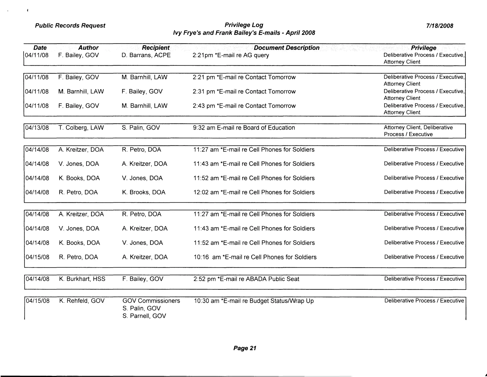 Public Records Request Privilege Log 7/18/2008
Ivy Frye's and Frank Bailey's E-mails - April 2008
Date Author Recipient Document Description Privilege
04/11/08 F. Bailey, GOV D. Barrans, ACPE 2:21 pm *E-mail re AG query Deliberative Process I Executive,
Attorney Client
04/11/08 F. Bailey, GOV M. Barnhill, LAW 2:21 pm *E-mail re Contact Tomorrow Deliberative Process I Executive,
Attorney Client
04/11/08 M. Barnhill, LAW F. Bailey, GOV 2:31 pm *E-mail re Contact Tomorrow Deliberative Process I Executive,
Attorney Client
04/11/08 F. Bailey, GOV M. Barnhill, LAW 2:43 pm *E-mail re Contact Tomorrow Deliberative Process I Executive,
Attorney Client
04/13/08 T. Colberg, LAW S. Palin, GOV 9:32 am E-mail re Board of Education Attorney Client, Deliberative
Process I Executive
04/14/08 A. Kreitzer, DOA R. Petro, DOA 11:27 am *E-mail re Cell Phones for Soldiers Deliberative Process I Executive
04/14/08 V. Jones, DOA A. Kreitzer, DOA 11:43 am *E-mail re Cell Phones for Soldiers Deliberative Process I Executive
04/14/08 K. Books, DOA V. Jones, DOA 11:52 am *E-mail re Cell Phones for Soldiers Deliberative Process I Executive
04/14/08 R. Petro, DOA K. Brooks, DOA 12:02 am *E-mail re Cell Phones for Soldiers Deliberative Process I Executive
04/14/08 A. Kreitzer, DOA R. Petro, DOA 11:27 am *E-mail re Cell Phones for Soldiers Deliberative Process I Executive
04/14/08 V. Jones, DOA A. Kreitzer, DOA 11:43 am *E-mail re Cell Phones for Soldiers Deliberative Process I Executive
04/14/08 K. Books, DOA V. Jones, DOA 11:52 am *E-mail re Cell Phones for Soldiers Deliberative Process / Executive
04/15/08 R. Petro, DOA A. Kreitzer, DOA 10:16 am *E-mail re Cell Phones for Soldiers Deliberative Process / Executive
04/14/08 K. Burkhart, HSS F. Bailey, GOV 2:52 pm *E-mail re ABADA Public Seat Deliberative Process I Executive
04/15/08 K. Rehfeld, GOV GOV Commissioners 10:30 am *E-mail re Budget StatuslWrap Up Deliberative Process / Executive
S. Palin, GOV
S. Parnell, GOV
Page 21
 
