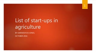 List of start-ups in
agriculture
BY GWENDOYLN JONES,
OCTOBER 2016
1
 