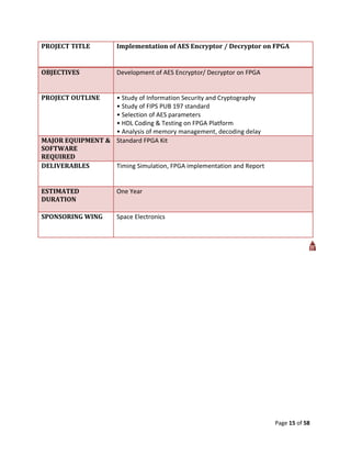 PROJECT TITLE         Implementation of AES Encryptor / Decryptor on FPGA


OBJECTIVES            Development of AES Encryptor/ Decryptor on FPGA


PROJECT OUTLINE   • Study of Information Security and Cryptography
                  • Study of FIPS PUB 197 standard
                  • Selection of AES parameters
                  • HDL Coding & Testing on FPGA Platform
                  • Analysis of memory management, decoding delay
MAJOR EQUIPMENT & Standard FPGA Kit
SOFTWARE
REQUIRED
DELIVERABLES      Timing Simulation, FPGA implementation and Report


ESTIMATED             One Year
DURATION

SPONSORING WING       Space Electronics




                                                                        Page 15 of 58
 