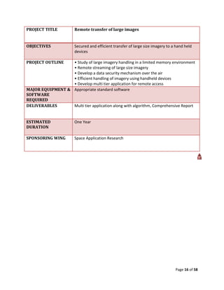 PROJECT TITLE          Remote transfer of large images


OBJECTIVES             Secured and efficient transfer of large size imagery to a hand held
                       devices

PROJECT OUTLINE   • Study of large imagery handling in a limited memory environment
                  • Remote streaming of large size imagery
                  • Develop a data security mechanism over the air
                  • Efficient handling of imagery using handheld devices
                  • Develop multi tier application for remote access
MAJOR EQUIPMENT & Appropriate standard software
SOFTWARE
REQUIRED
DELIVERABLES      Multi tier application along with algorithm, Comprehensive Report


ESTIMATED              One Year
DURATION

SPONSORING WING        Space Application Research




                                                                                Page 16 of 58
 