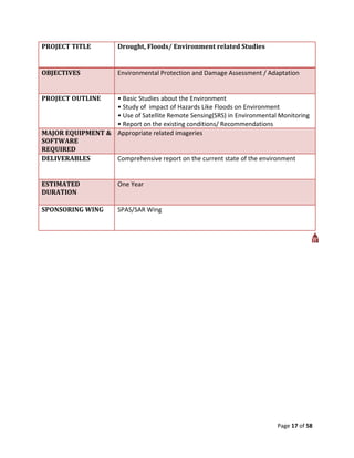 PROJECT TITLE          Drought, Floods/ Environment related Studies


OBJECTIVES             Environmental Protection and Damage Assessment / Adaptation


PROJECT OUTLINE   • Basic Studies about the Environment
                  • Study of impact of Hazards Like Floods on Environment
                  • Use of Satellite Remote Sensing(SRS) in Environmental Monitoring
                  • Report on the existing conditions/ Recommendations
MAJOR EQUIPMENT & Appropriate related imageries
SOFTWARE
REQUIRED
DELIVERABLES      Comprehensive report on the current state of the environment


ESTIMATED              One Year
DURATION

SPONSORING WING        SPAS/SAR Wing




                                                                          Page 17 of 58
 