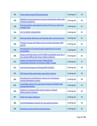 13.   Smart-phone based GPS positioning                          Undergrad        19

      Modeling and autonomous control of wheeled robot with
14.                                                              Undergrad        20
      obstacle avoidance
      Precise position and speed control of Dc servo motor for
15.                                                              Undergrad        21
      variable load

16.   SPI TO SPORT CONVERTER                                     Undergrad        22


17.   Moving target detection and locking with moving camera     Undergrad        23

      Wireless Image and Video communication between DSP
18.                                                              Undergrad        24
      and PC
      Development of Android based application for home
19.                                                              Undergrad        25
      automation
      Design and Fabrication of RC PWM compatible drive for a
20.                                                              Undergrad        26
      four wheel differential drive robotic platform
      Design of integrated wireless Video/Audio
21.                                                              Undergrad        27
      transmitter/receiver of minimum 300 m range

22.   Learning techniques of Analog DSP (21065L)                 Undergrad        28


23.   DSP based high speed data Acquisition System               Undergrad        29

      Development of calibration scheme for Strapdown
24.                                                              Undergrad        30
      Inertial Navigation system
      A portable system for acquiring Analog and Digital data
25.                                                              Undergrad        31
      during field testing
      Design of a Universal DC motor torque vs Speed
26.                                                              Undergrad        32
      Measurement Scheme

27.   Flight Simulator Software                                  Undergrad        33


28.   Inertial Navigation System for low speed vehicles          Undergrad        34


29.   Remote sensing of physical parameters                      Undergrad        35



                                                                             Page 2 of 58
 