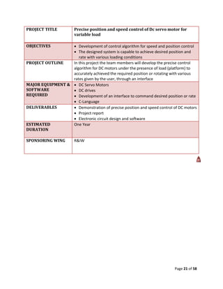 PROJECT TITLE          Precise position and speed control of Dc servo motor for
                       variable load

OBJECTIVES         Development of control algorithm for speed and position control
                   The designed system is capable to achieve desired position and
                     rate with various loading conditions
PROJECT OUTLINE   In this project the team members will develop the precise control
                  algorithm for DC motors under the presence of load (platform) to
                  accurately achieved the required position or rotating with various
                  rates given by the user, through an interface
MAJOR EQUIPMENT &  DC Servo Motors
SOFTWARE           DC drives
REQUIRED           Development of an interface to command desired position or rate
                   C-Language
DELIVERABLES       Demonstration of precise position and speed control of DC motors
                   Project report
                   Electronic circuit design and software
ESTIMATED         One Year
DURATION

SPONSORING WING        R&IW




                                                                         Page 21 of 58
 