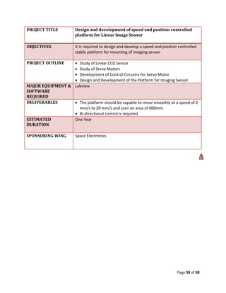 PROJECT TITLE          Design and development of speed and position controlled
                       platform for Linear Image Sensor

OBJECTIVES             It is required to design and develop a speed and position controlled
                       stable platform for mounting of Imaging sensor

PROJECT OUTLINE    Study of Linear CCD Sensor
                   Study of Servo Motors
                   Development of Control Circuitry for Servo Motor
                   Design and Development of the Platform for Imaging Sensor
MAJOR EQUIPMENT & Labview
SOFTWARE
REQUIRED
DELIVERABLES       The platform should be capable to move smoothly at a speed of 2
                    mm/s to 20 mm/s and scan an area of 600mm.
                   Bi-directional control is required
ESTIMATED         One Year
DURATION

SPONSORING WING        Space Electronics




                                                                                Page 39 of 58
 